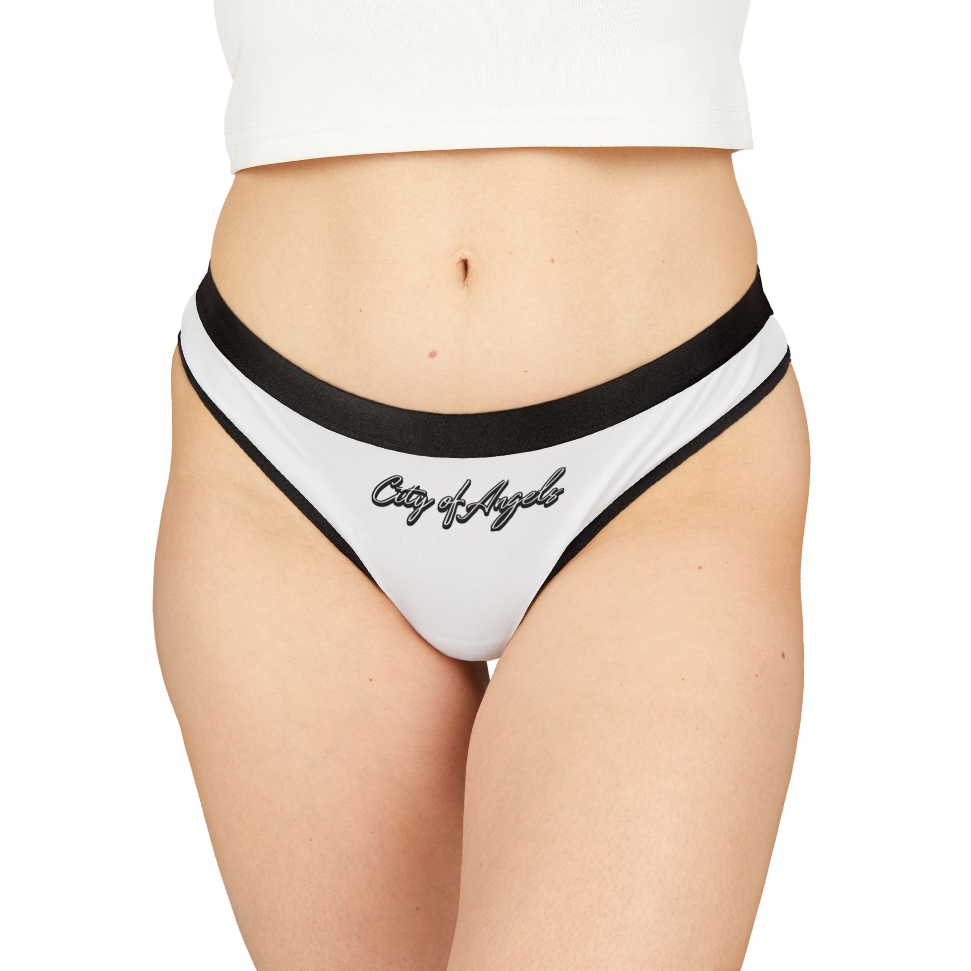 White underwear with black waistband featuring 'City of Angels' text on a white background