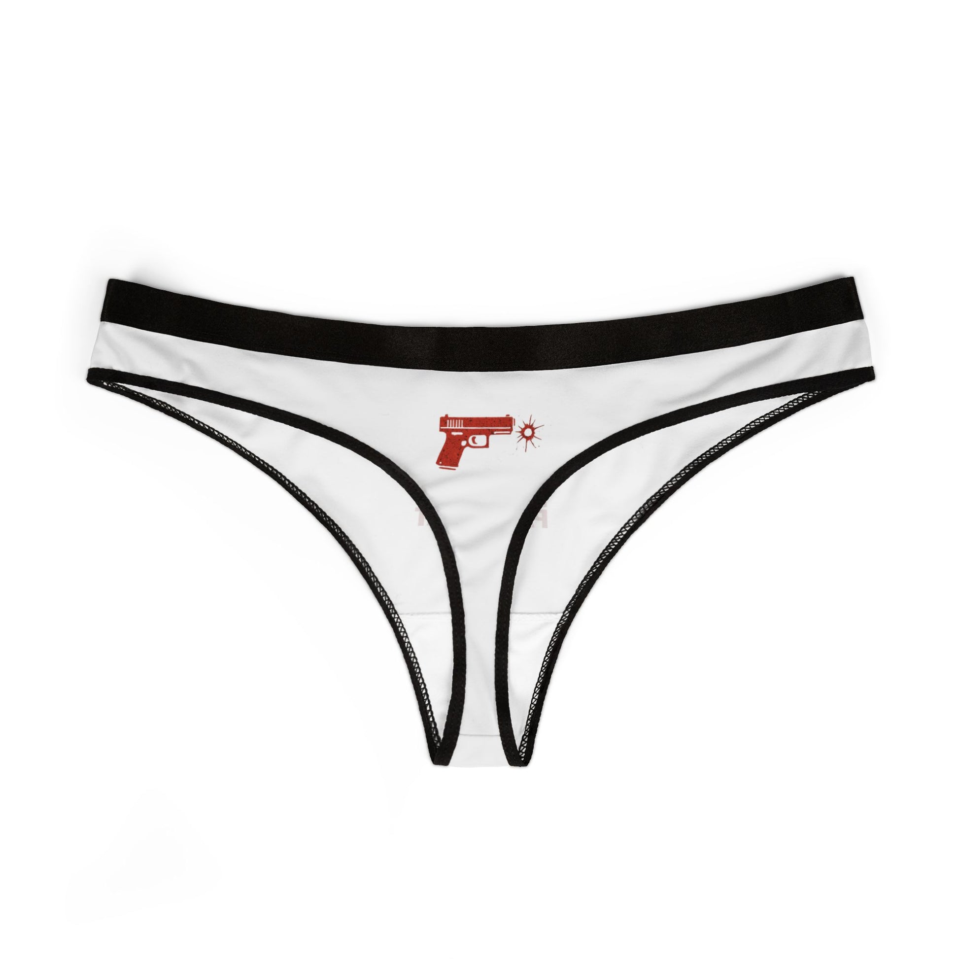 White thong with black trim and red gun graphic on a white background