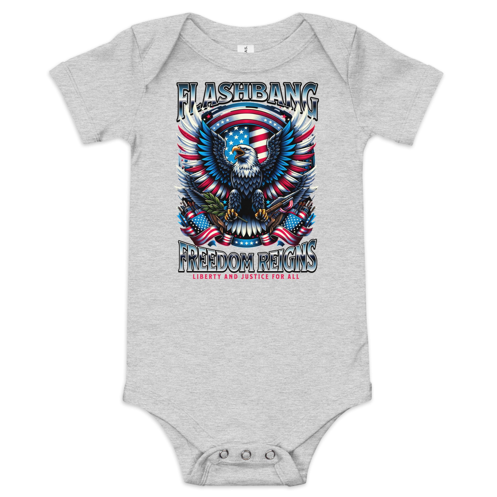 Gray baby onesie with an eagle and American flag design on a white background