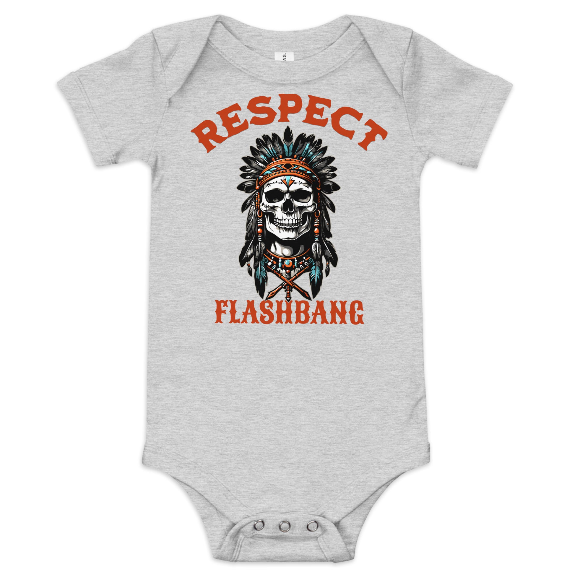 Gray baby onesie with a skull wearing a headdress and text 'RESPECT FLASHBANG' on a white background