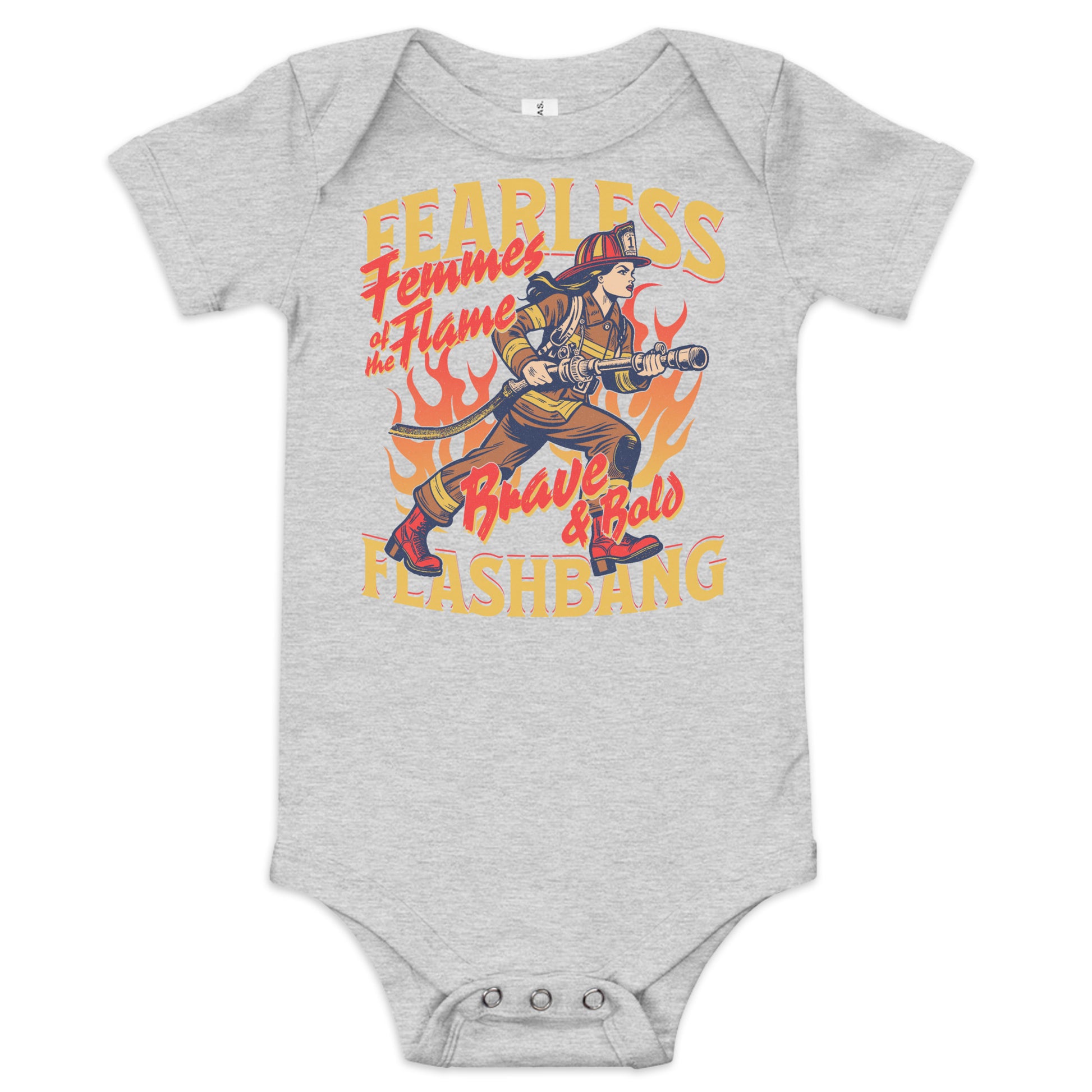 Gray baby onesie with a firefighter graphic and text on a white background