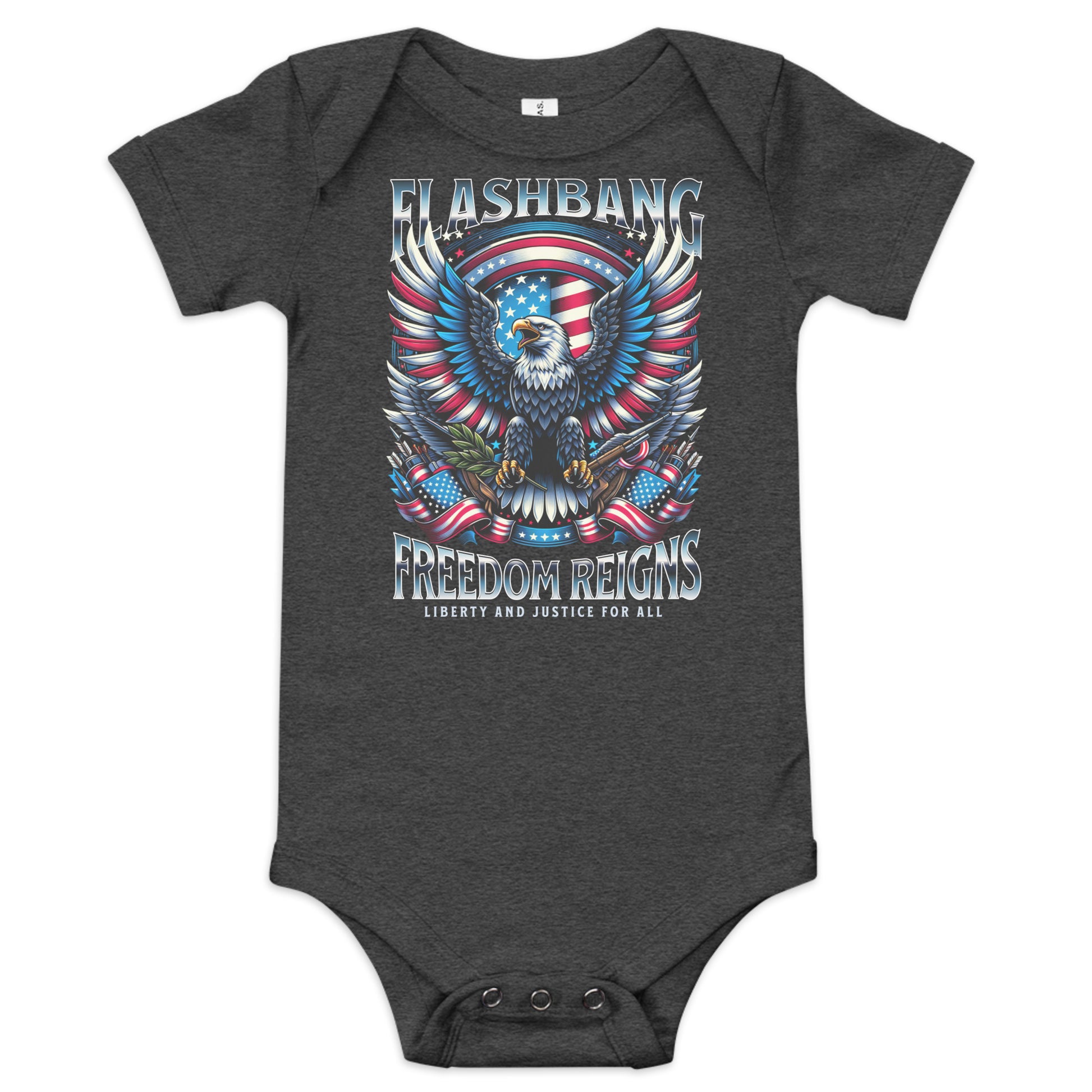 Dark gray baby onesie with an eagle and American flag design on a white background