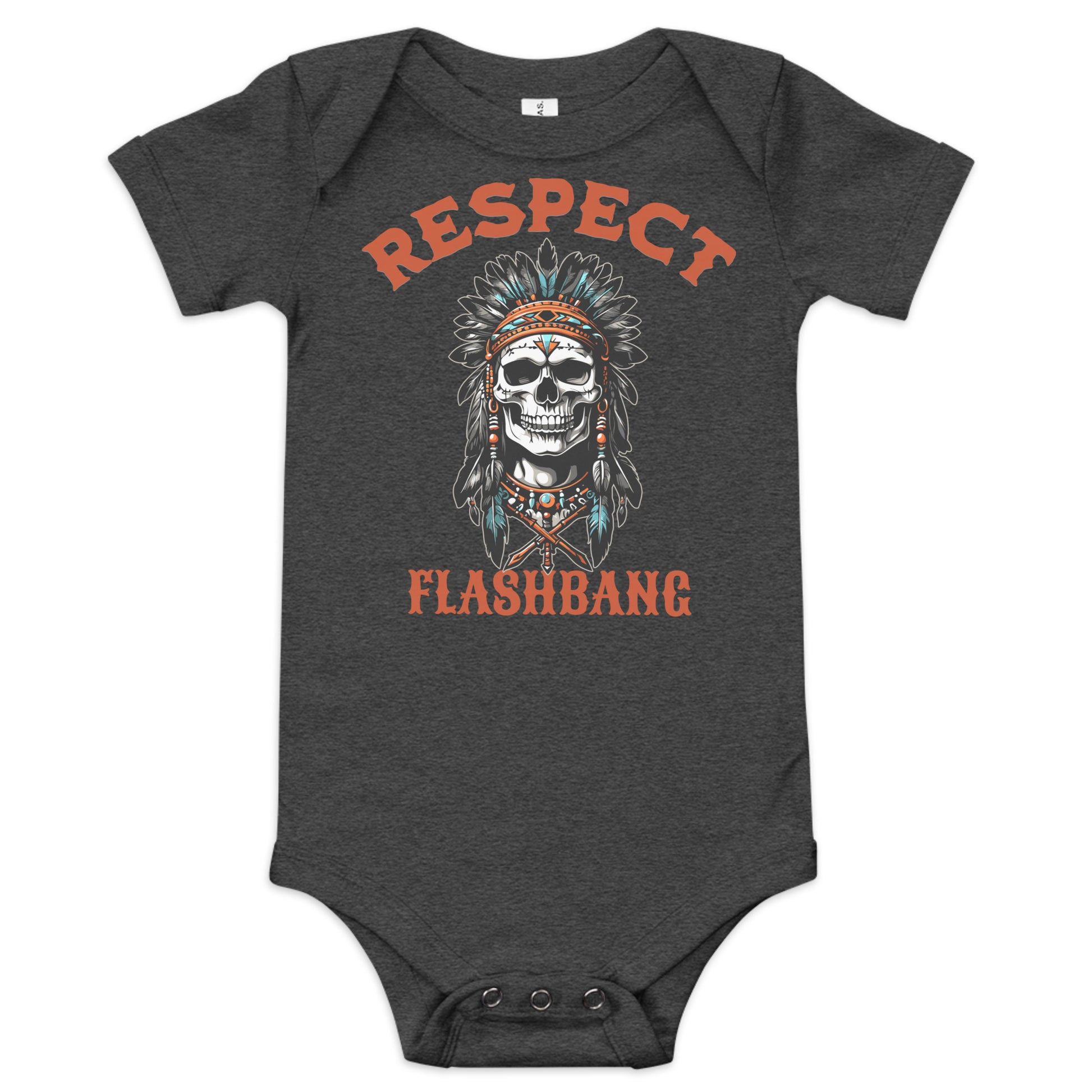Gray baby onesie with skull design and 'Respect Flashbang' text on a white background