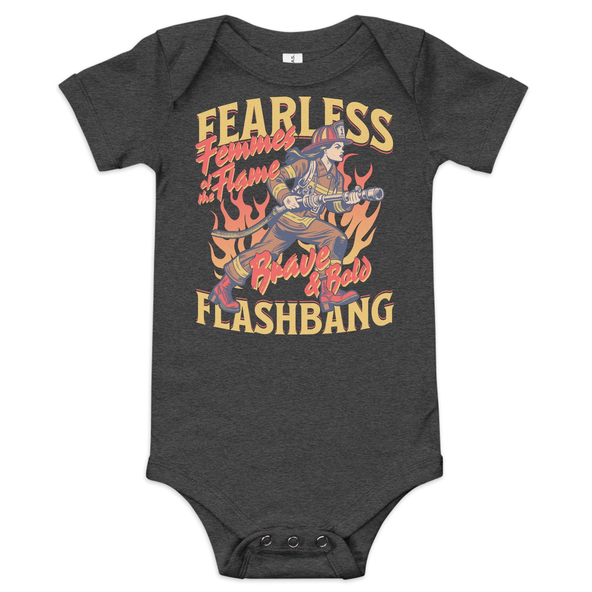 Gray baby onesie with colorful graphic and text on a white background