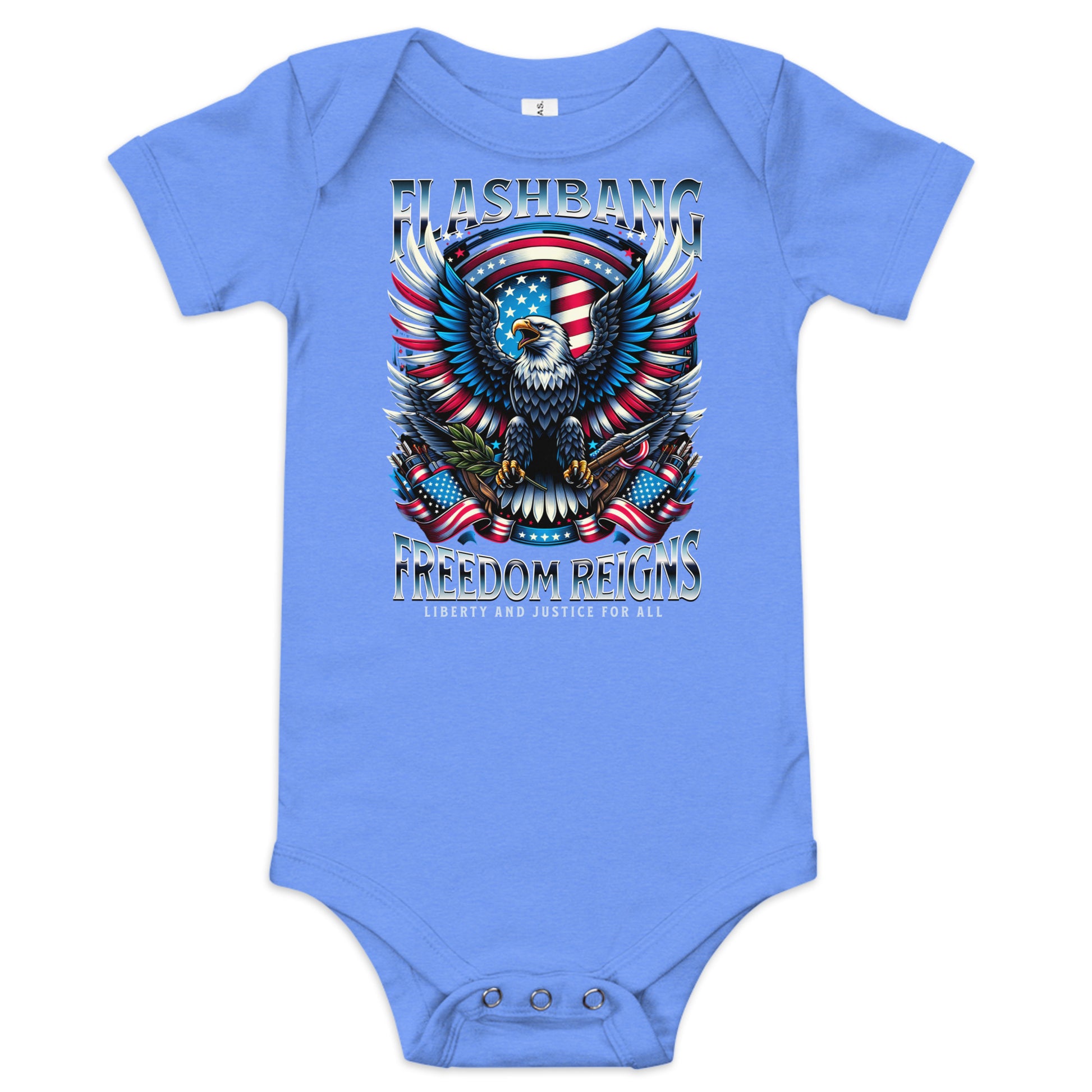 Blue baby onesie with an eagle and American flag design on a white background