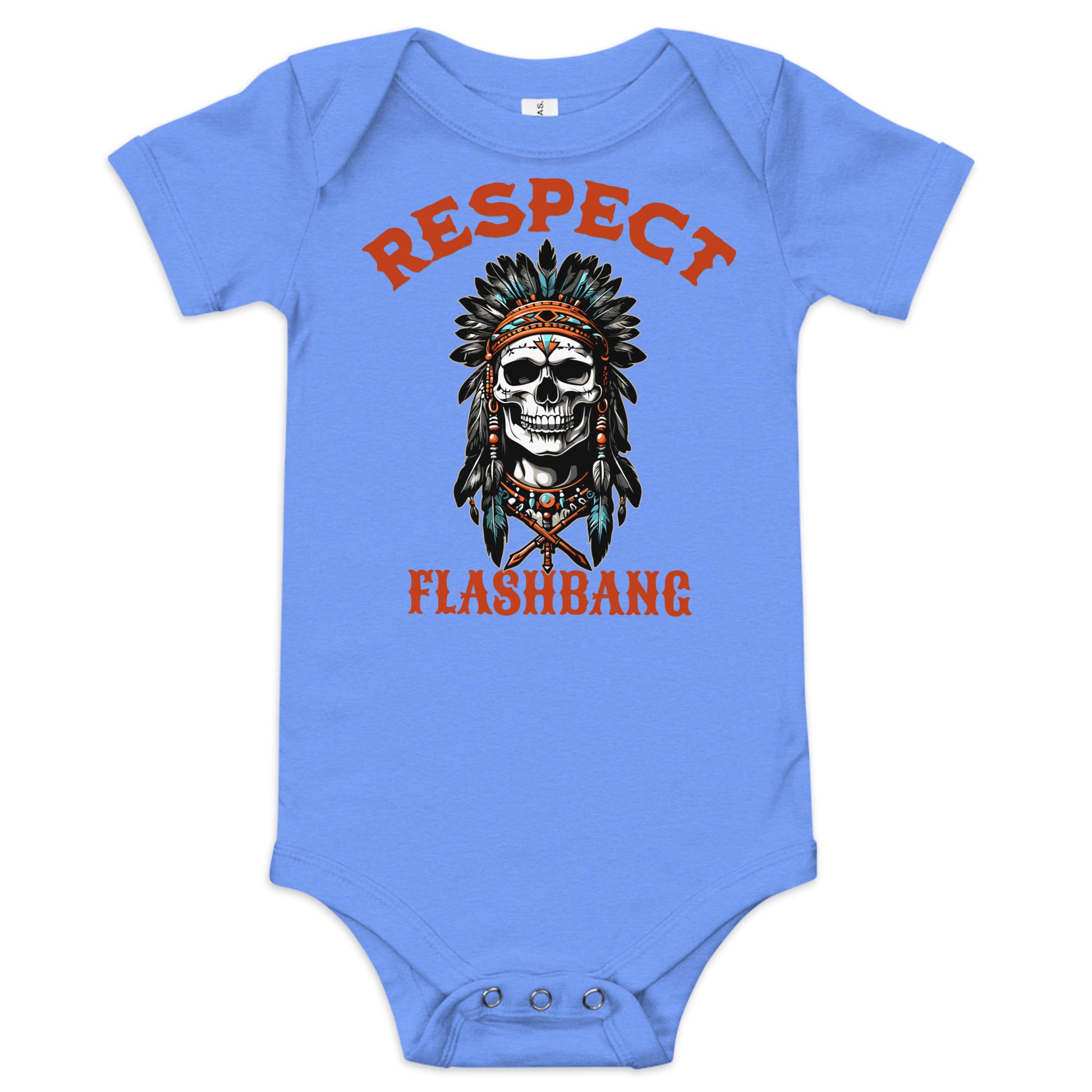 Blue baby onesie with a skull design and text on a white background