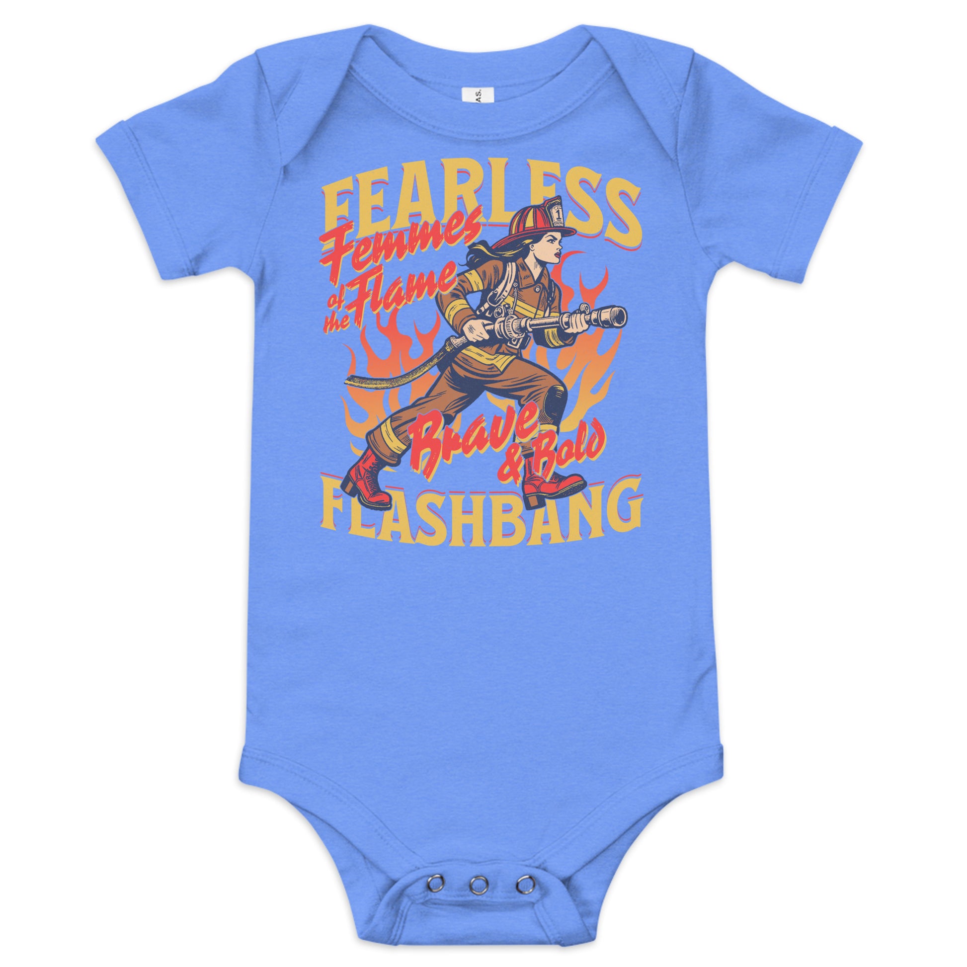 Blue baby onesie with a firefighter graphic and text on a white background