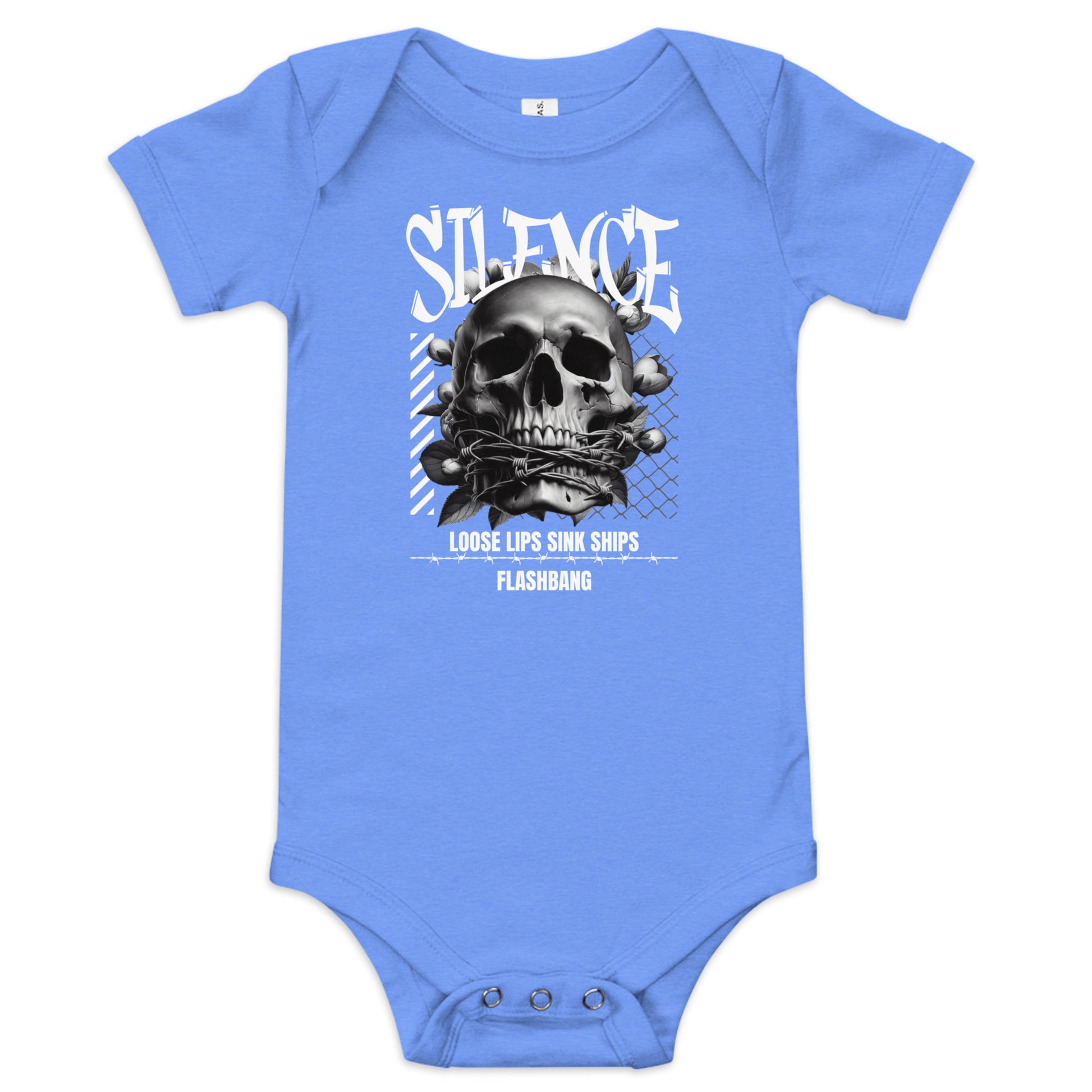 Blue baby onesie with skull design and text on a white background