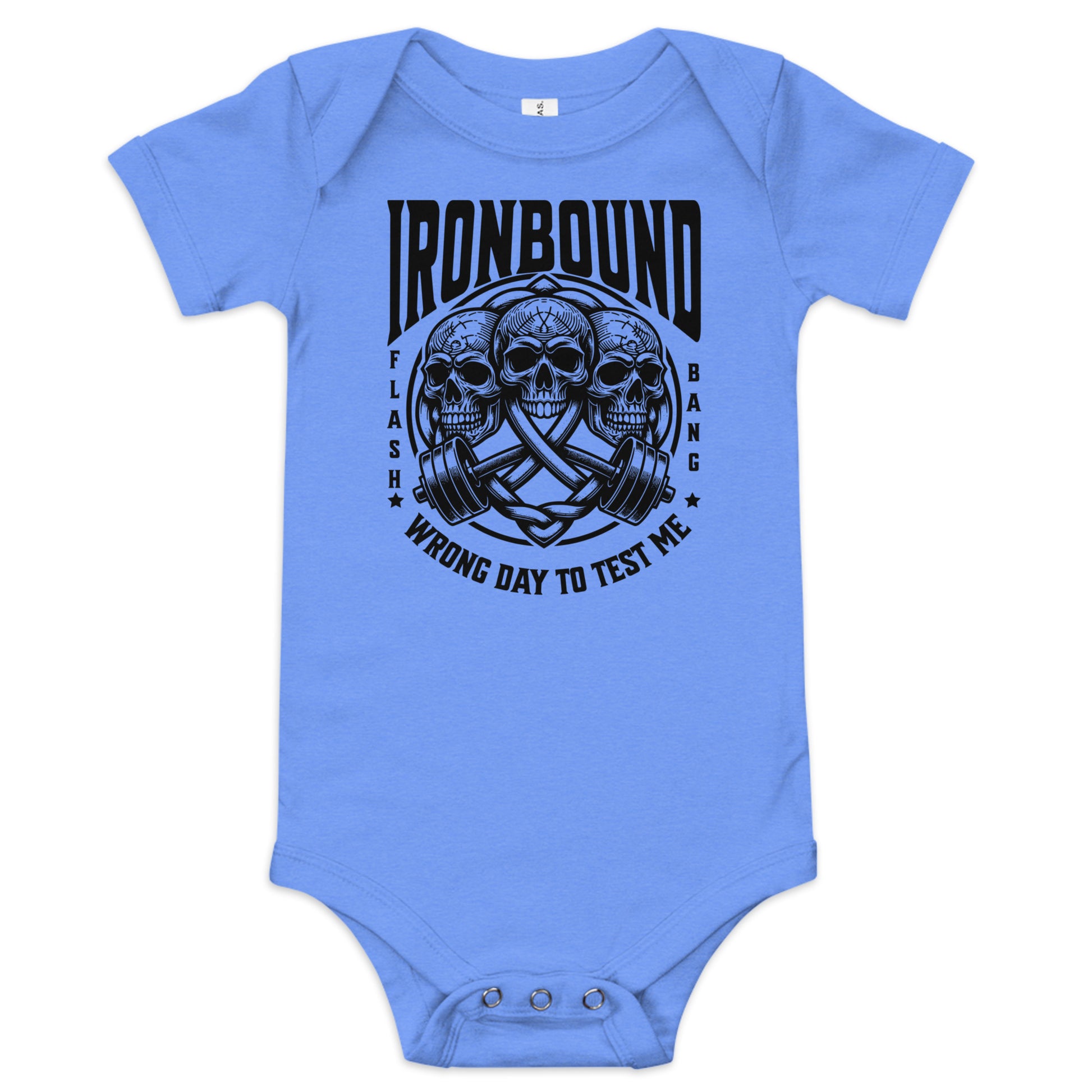 Light blue baby onesie with black graphic design and text on a white background
