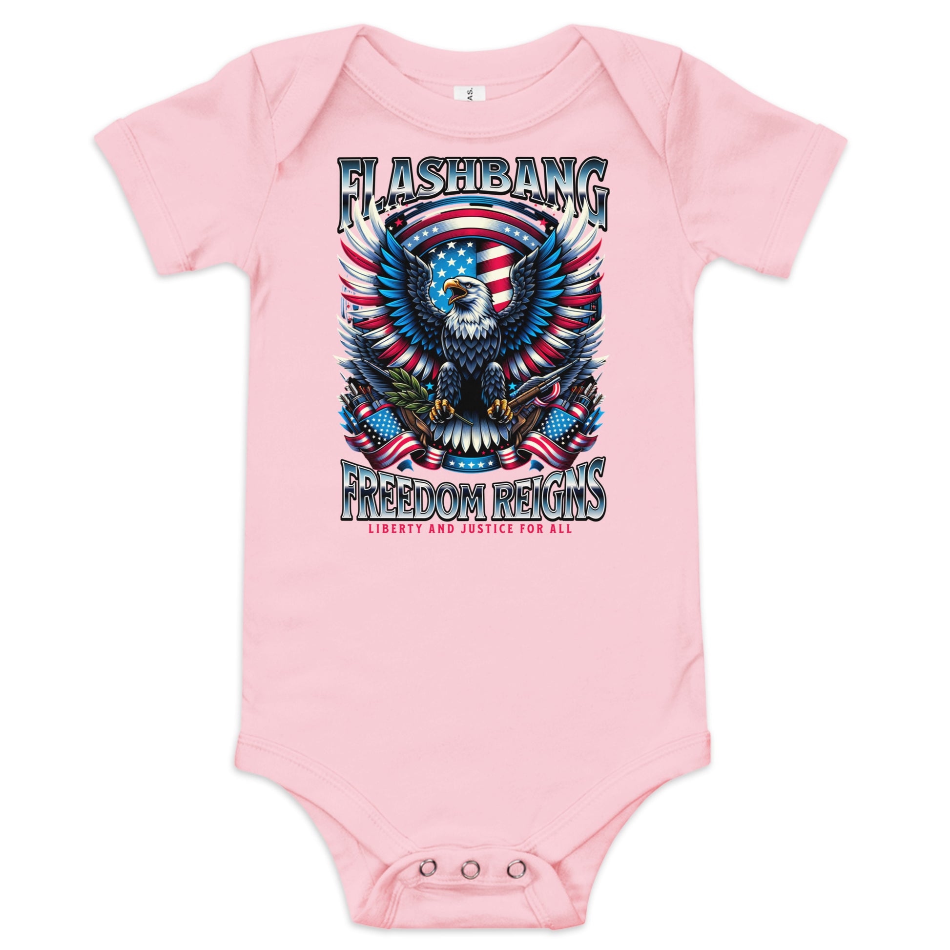 Pink baby onesie with an eagle and American flag design on a white background