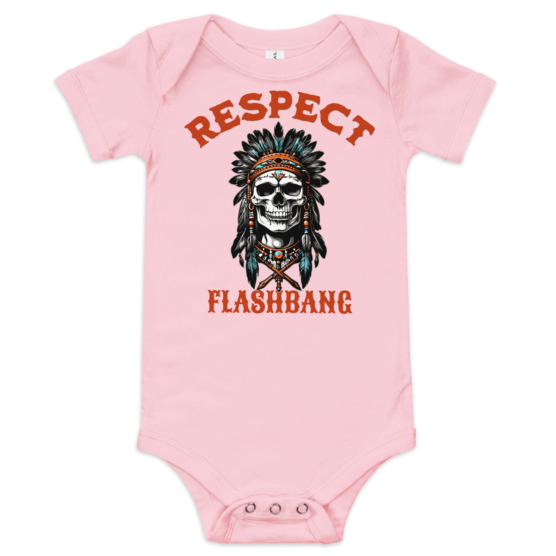 Pink baby onesie with skull design and text on a white background