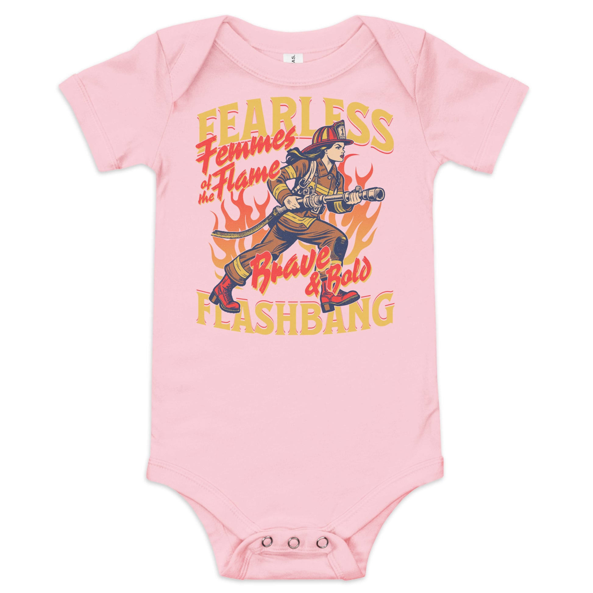 Pink baby onesie with a graphic design of a firefighter and text on a white background