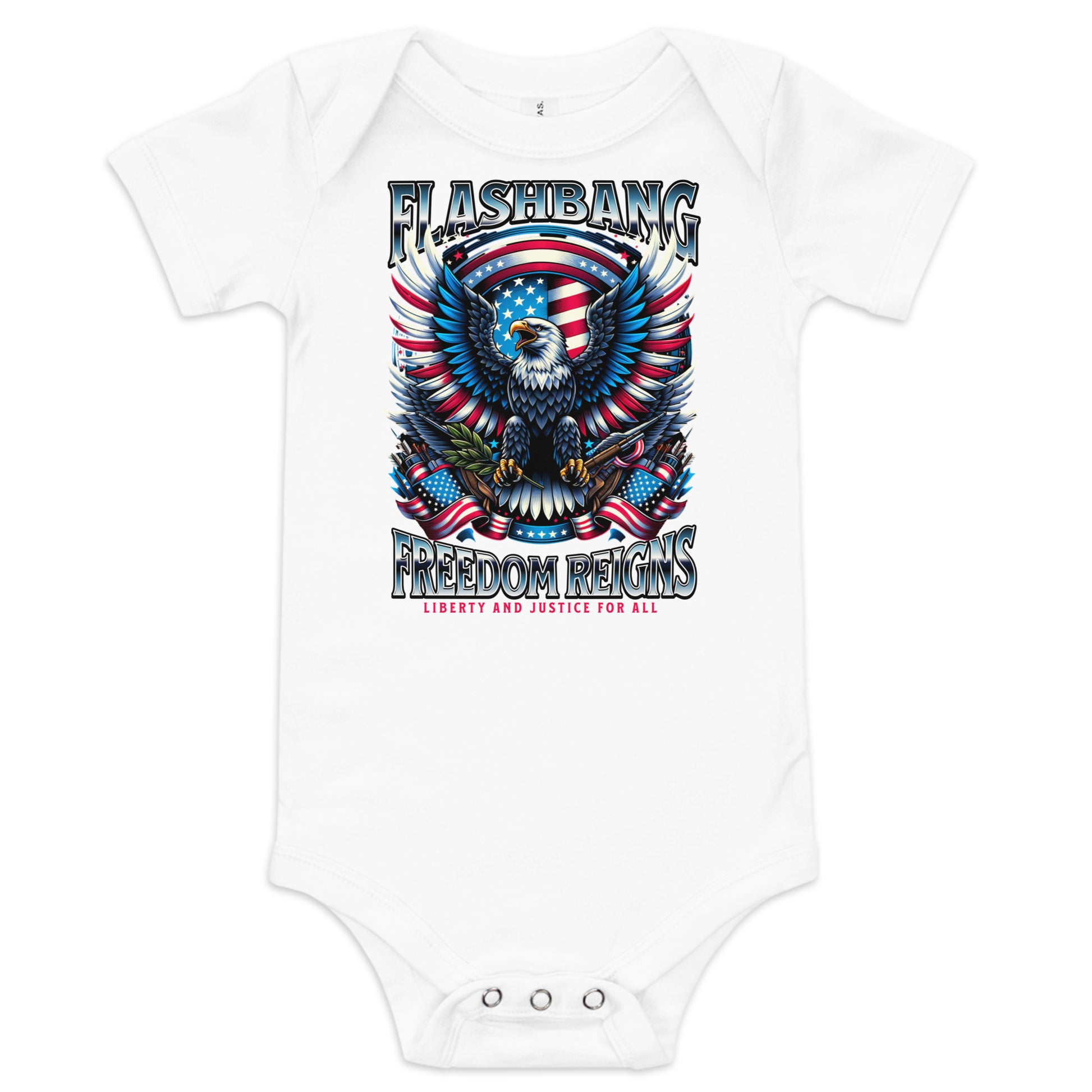 White baby onesie with an eagle and American flag design on a white background