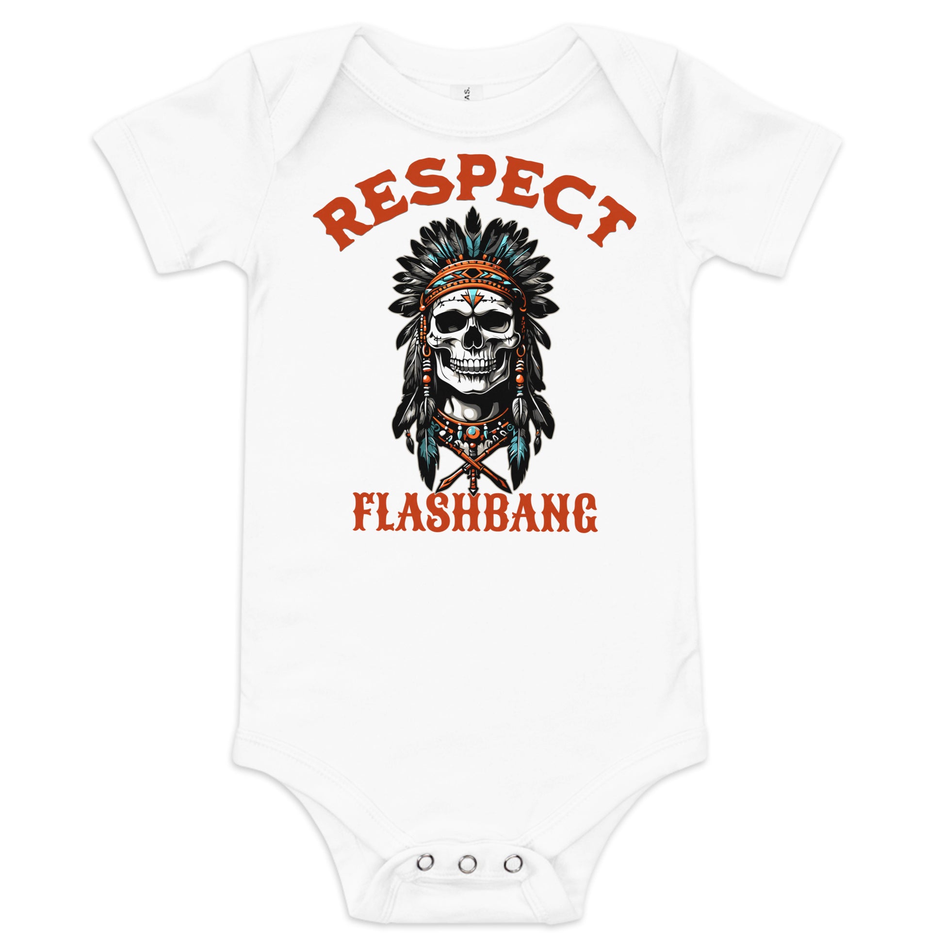 White baby onesie with a skull wearing a headdress and 'Respect Flashbang' text on a white background