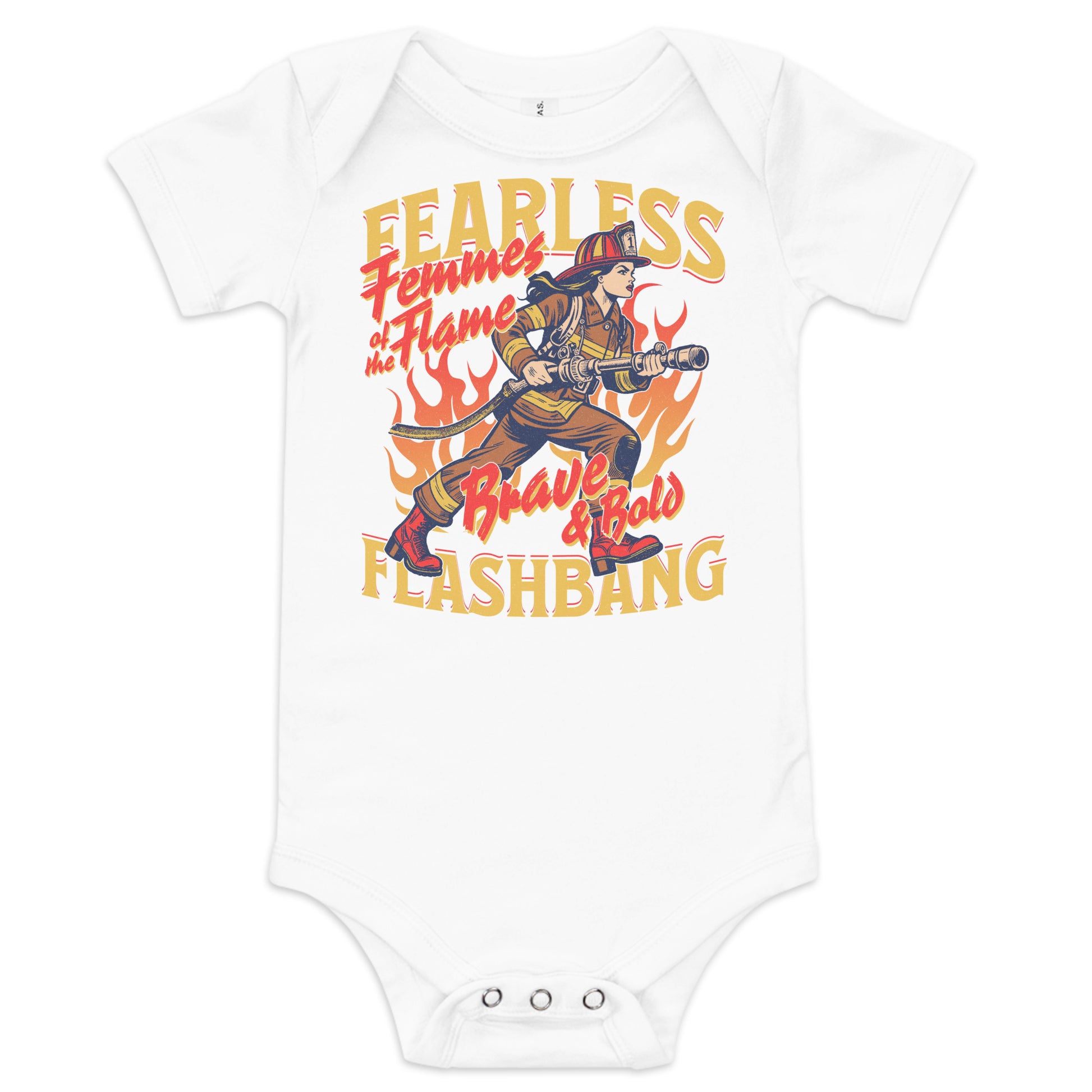 White baby onesie with a firefighter graphic and text on a white background