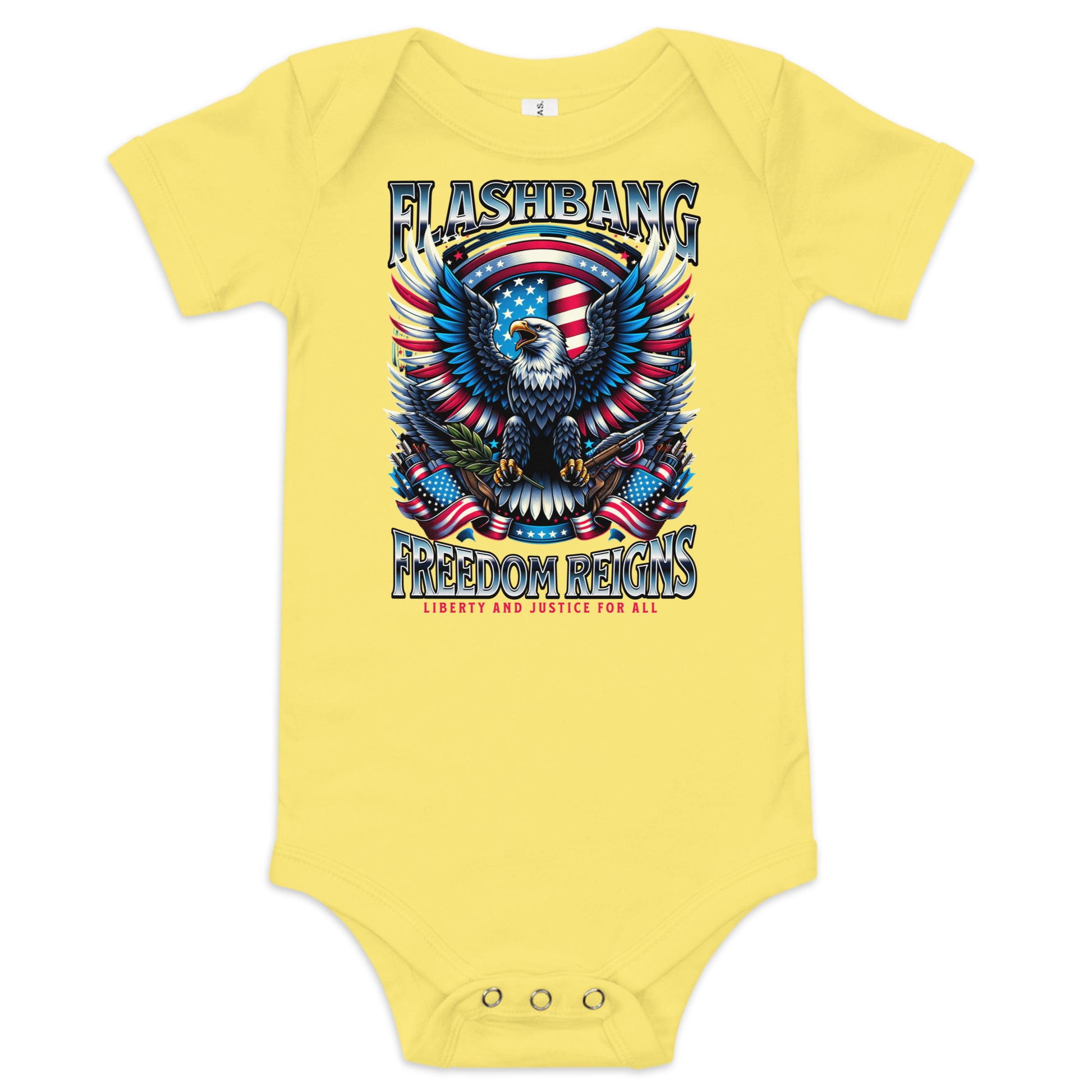 Yellow baby onesie with an eagle and American flag design on a white background