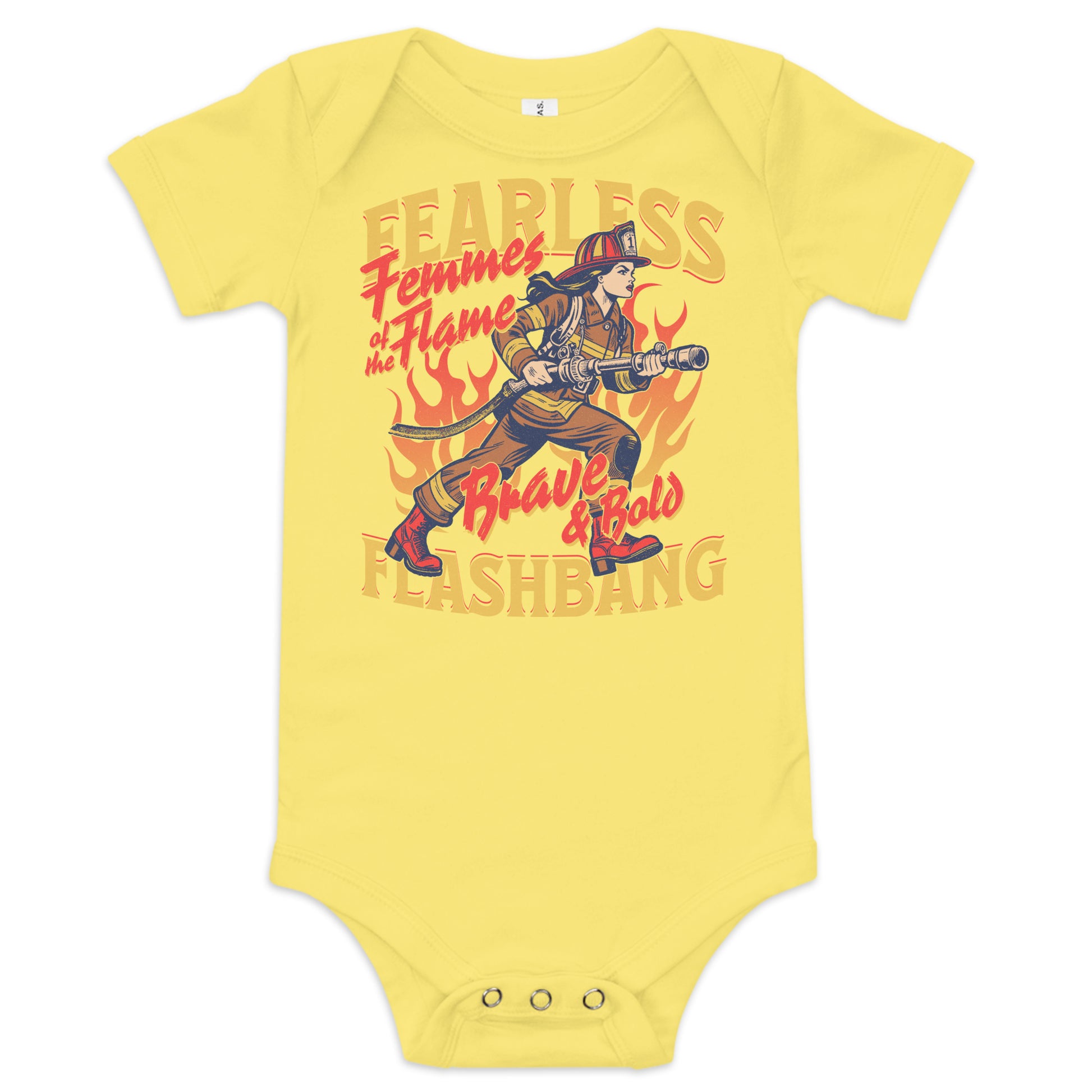 Yellow baby onesie with firefighter graphic and text on a white background