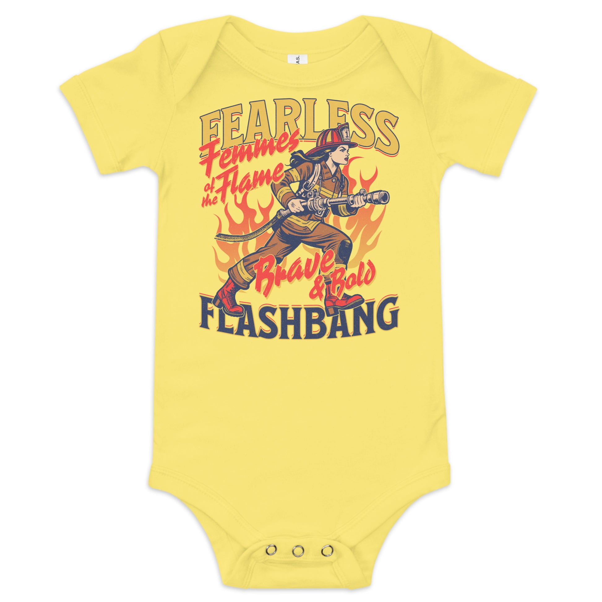 Yellow baby onesie with a graphic design of a girl in flames and text on a white background