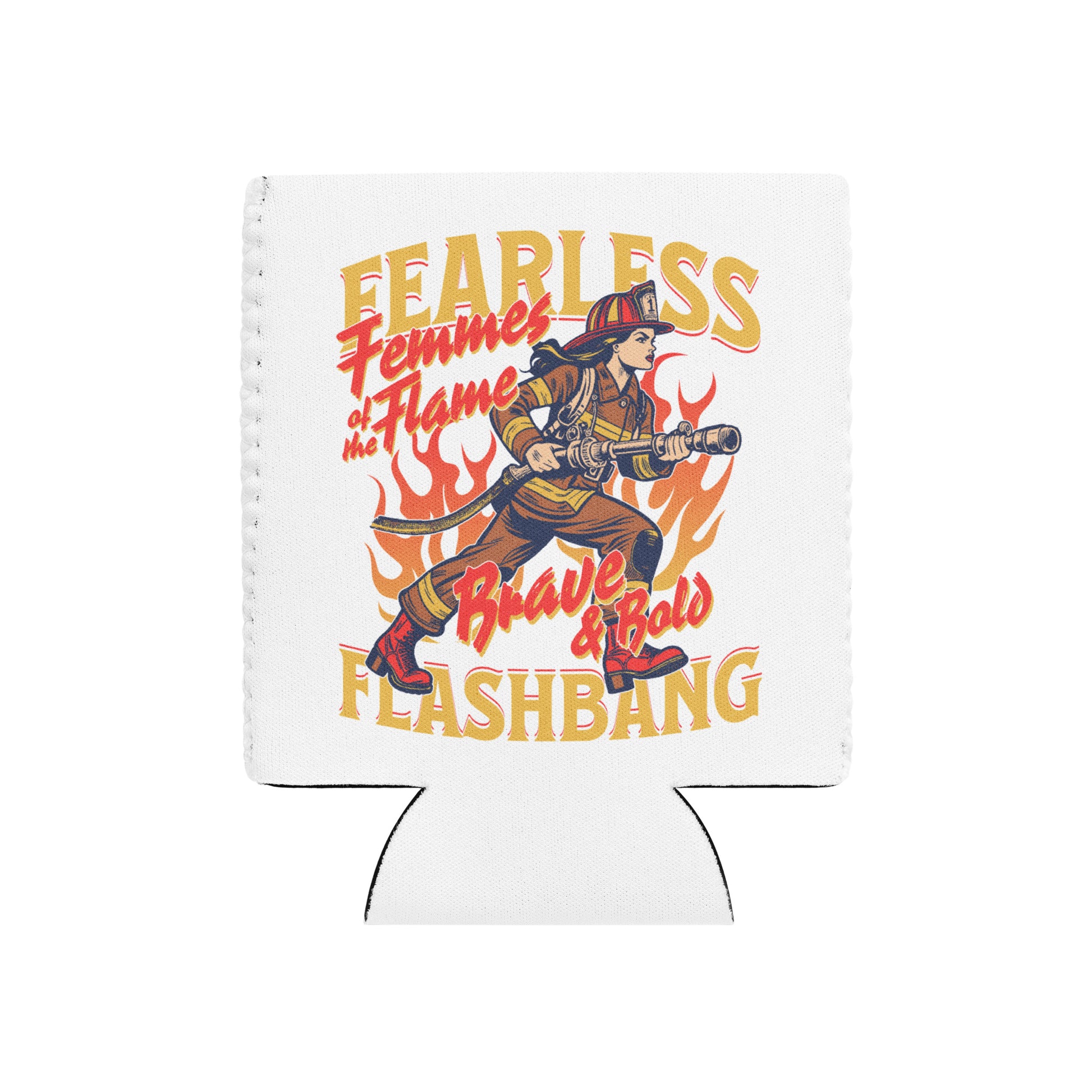 Koozie with a graphic of a woman in a firefighter outfit and text on a white background