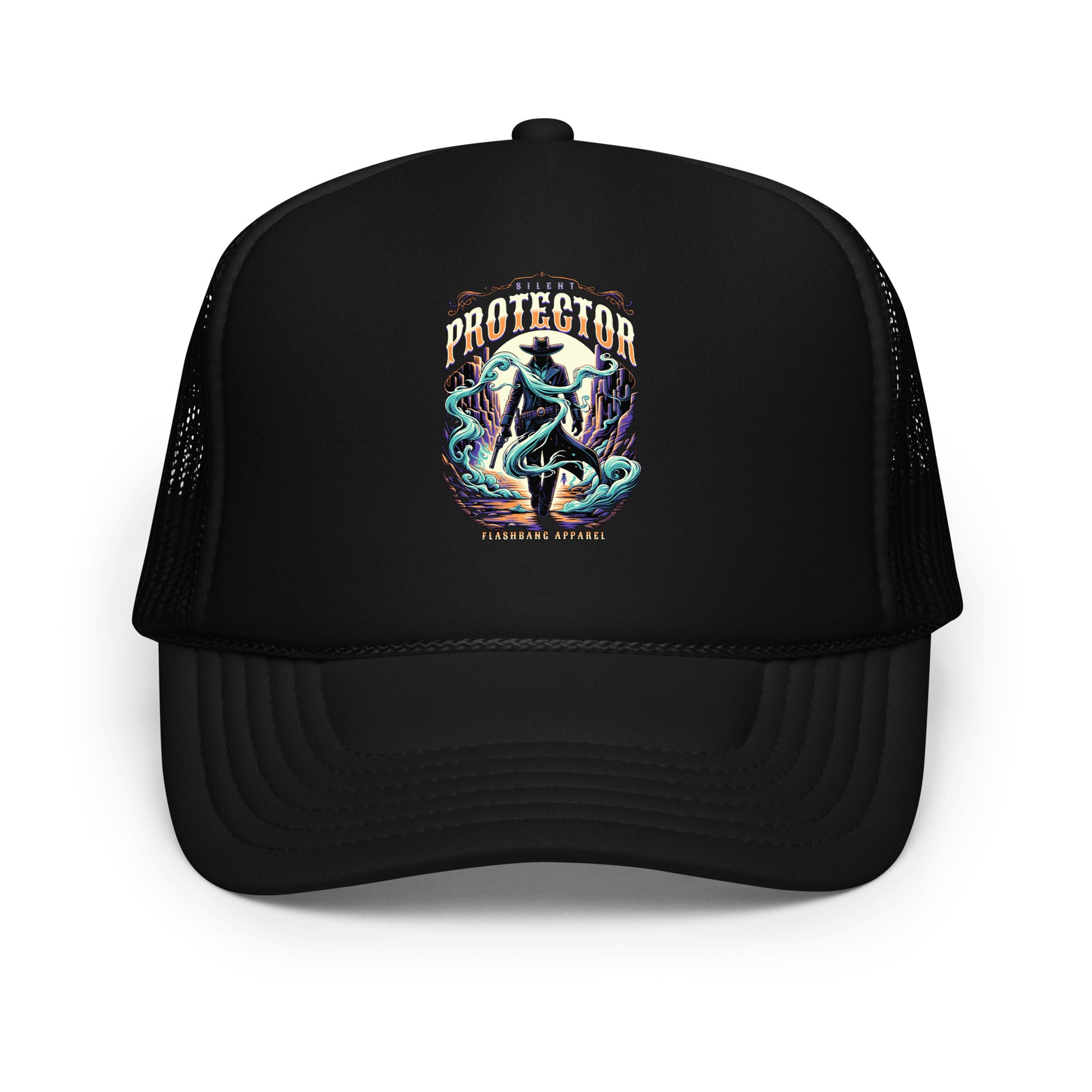 Black trucker cap with colorful graphic and text on a white background