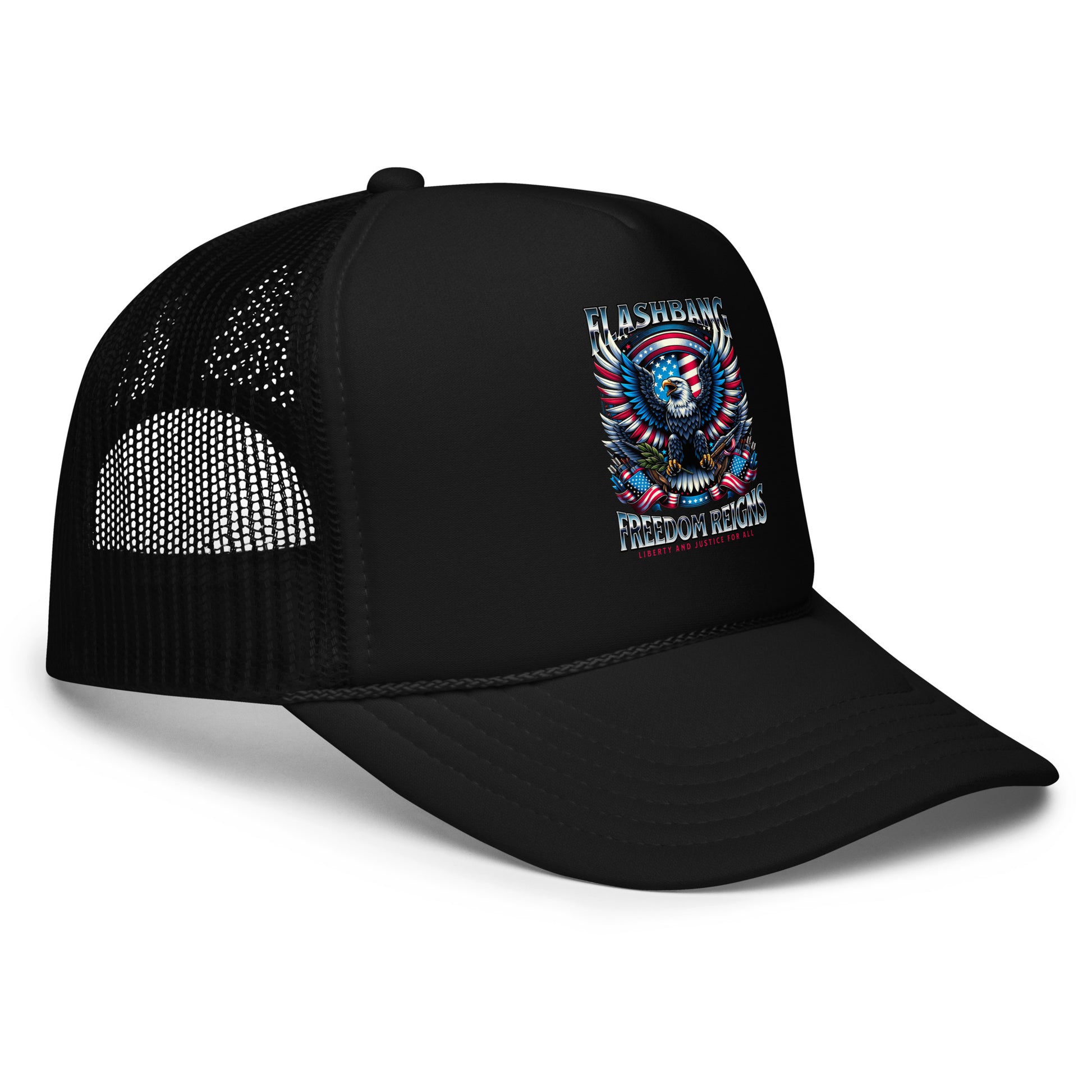 Black trucker cap with mesh back and graphic design on a white background