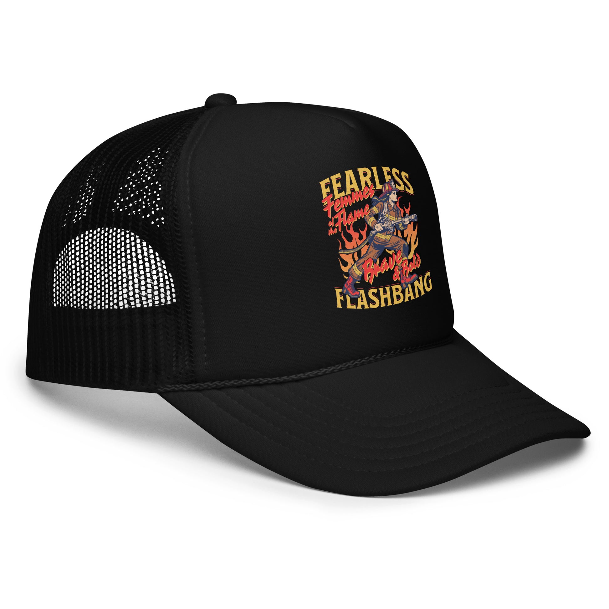 Black trucker cap with colorful graphic and text on a white background