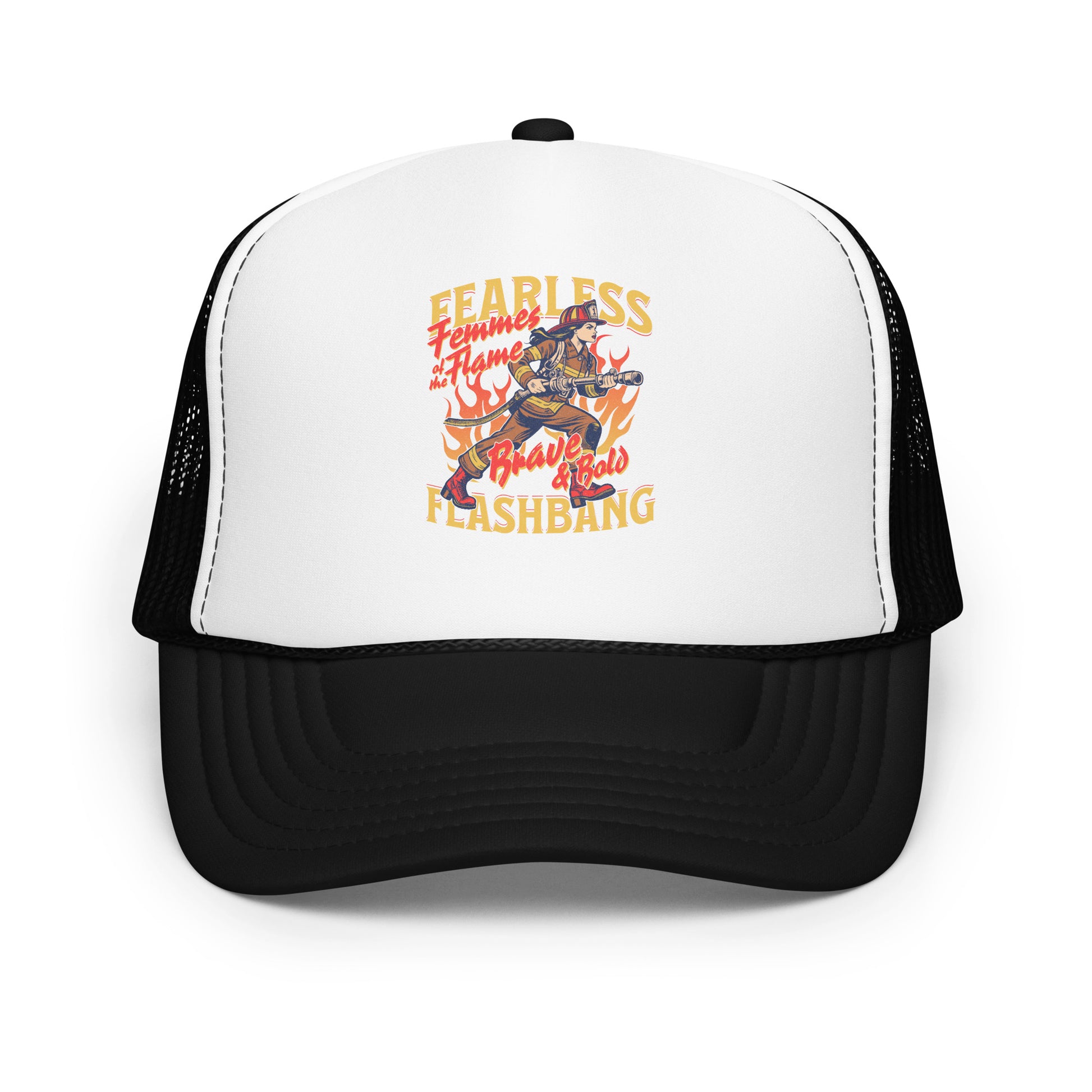 Trucker hat with graphic design and text on a white background