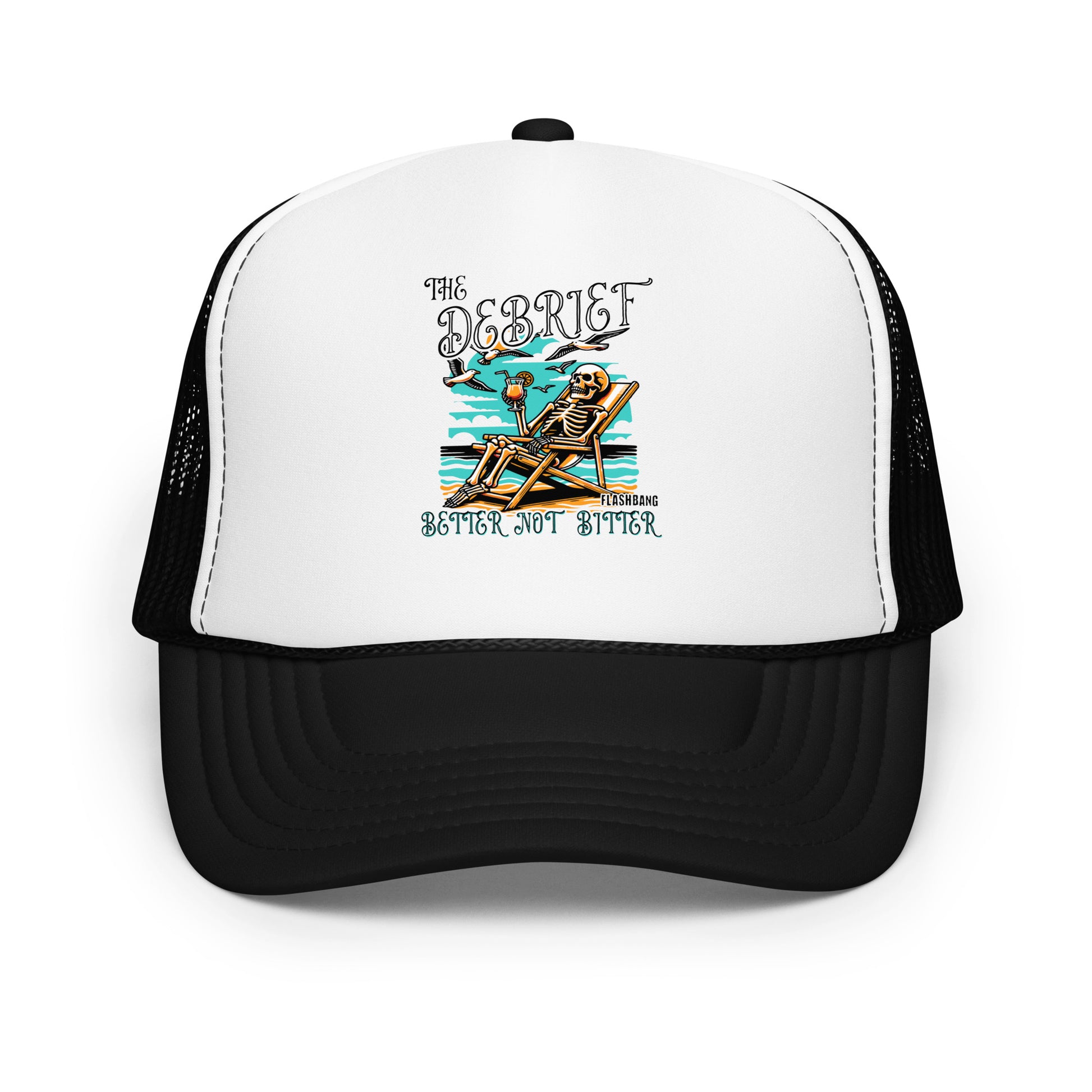 Trucker hat with skeleton design and text on a white background