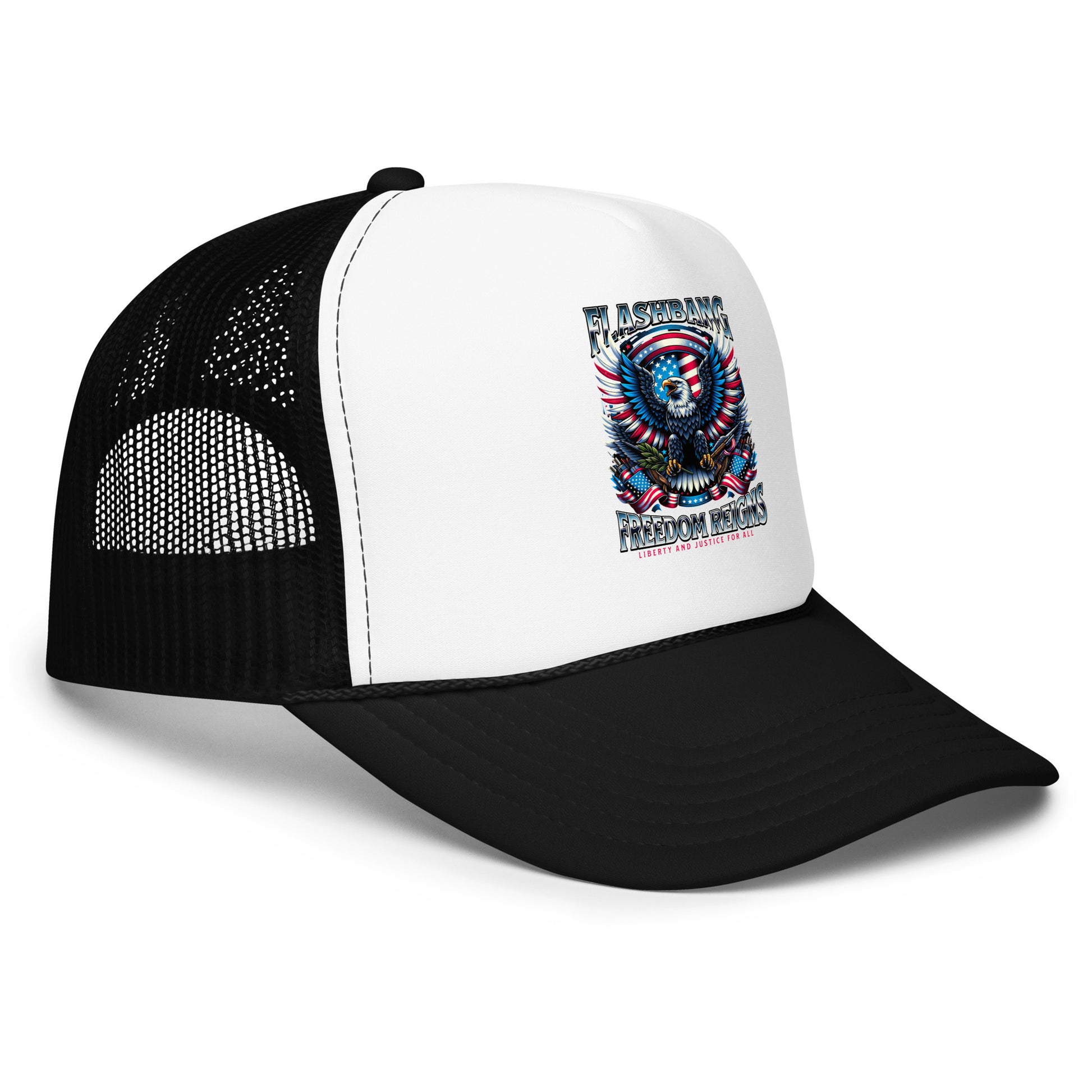 Black and white trucker hat with graphic design on a white background
