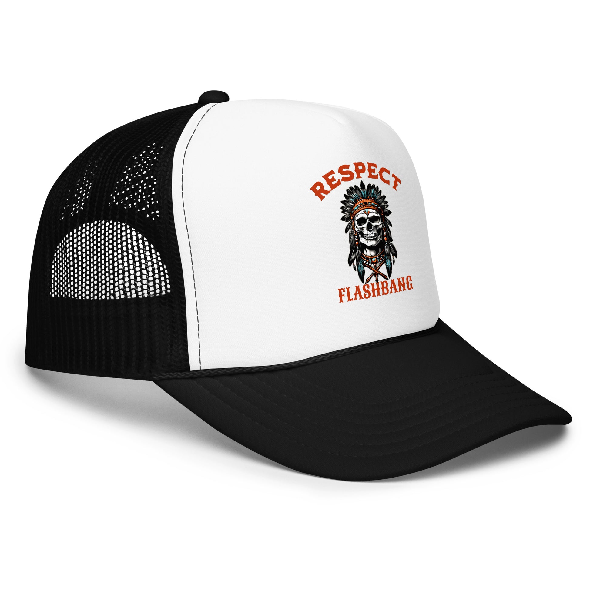 Black and white trucker hat with 'Respect Flashbang' design on a white background