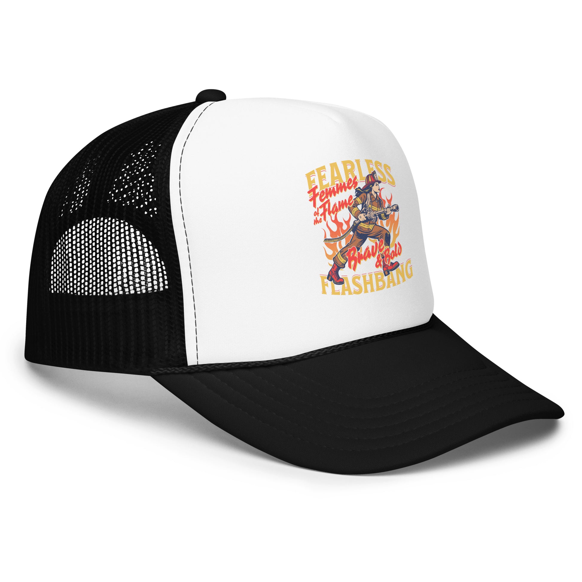 Black and white trucker hat with graphic design and text on a white background
