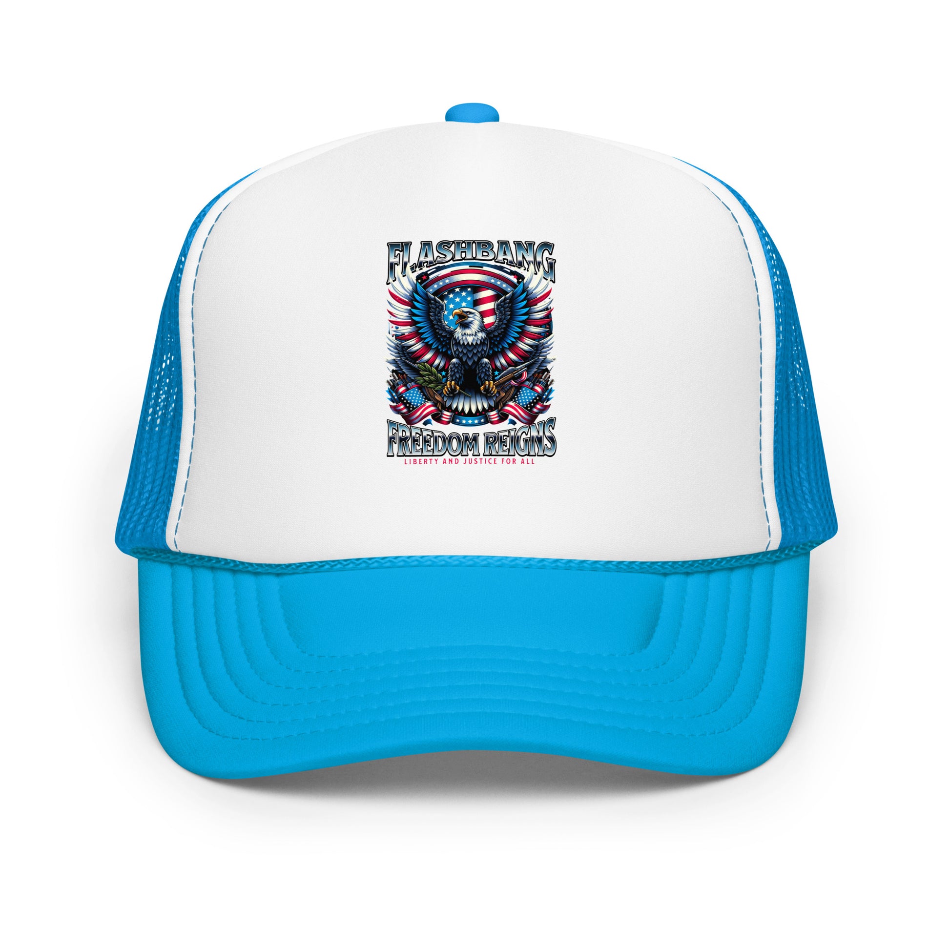 Blue and white trucker hat with graphic design on a white background