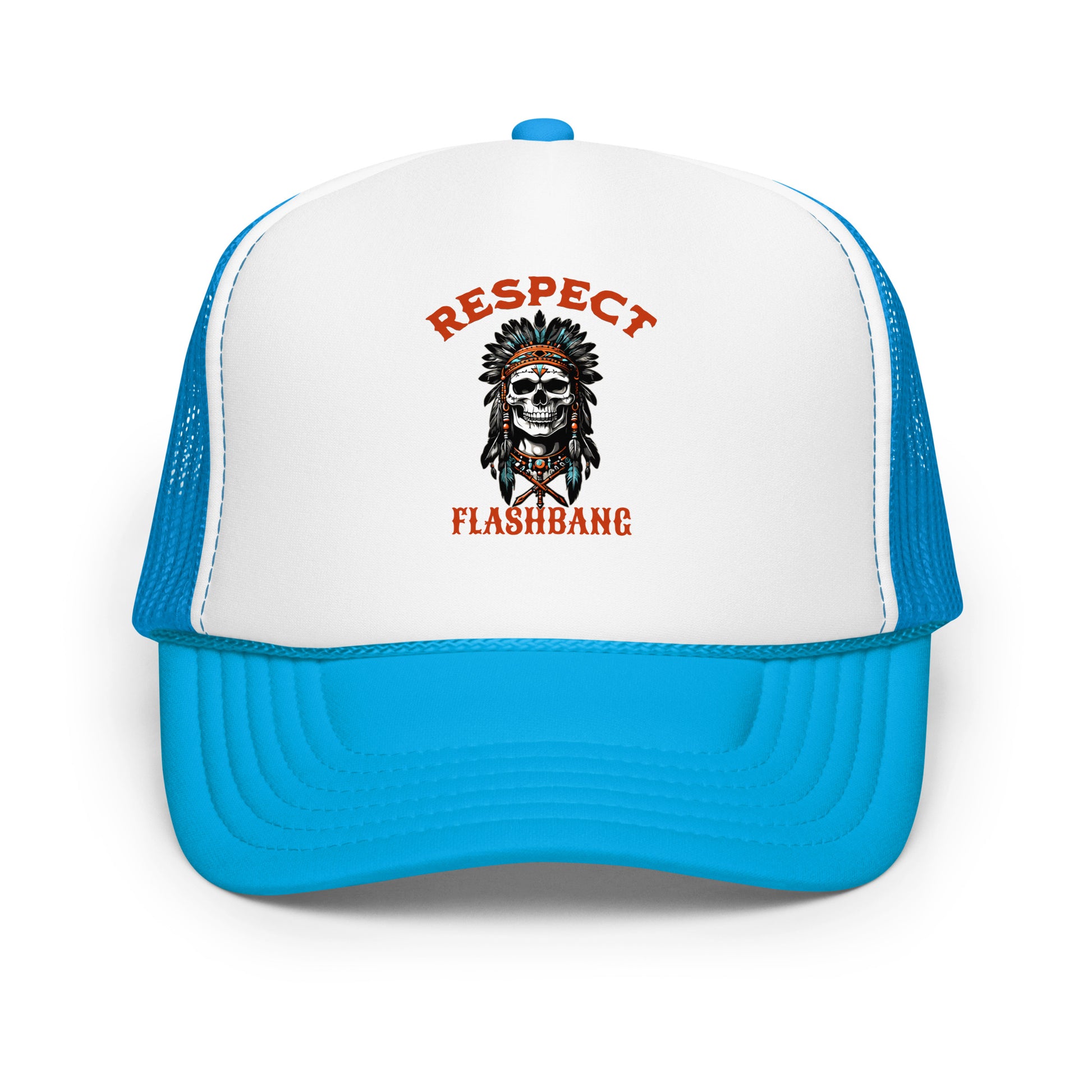 Blue and white cap with a skull design and text on a white background