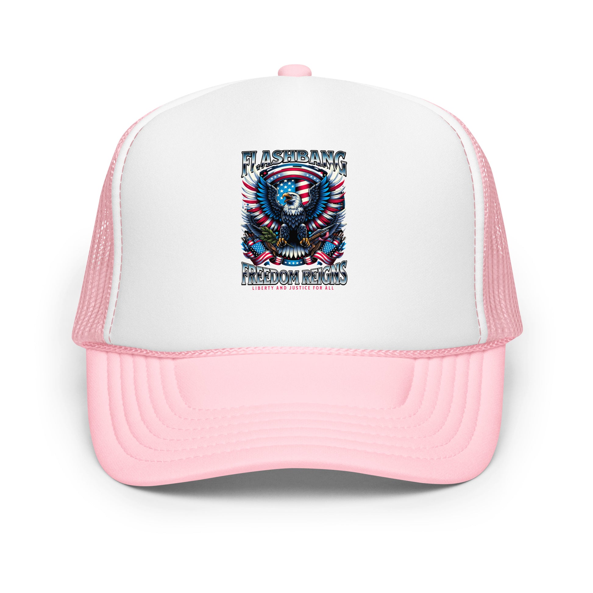 Pink and white trucker hat with a graphic design on a white background