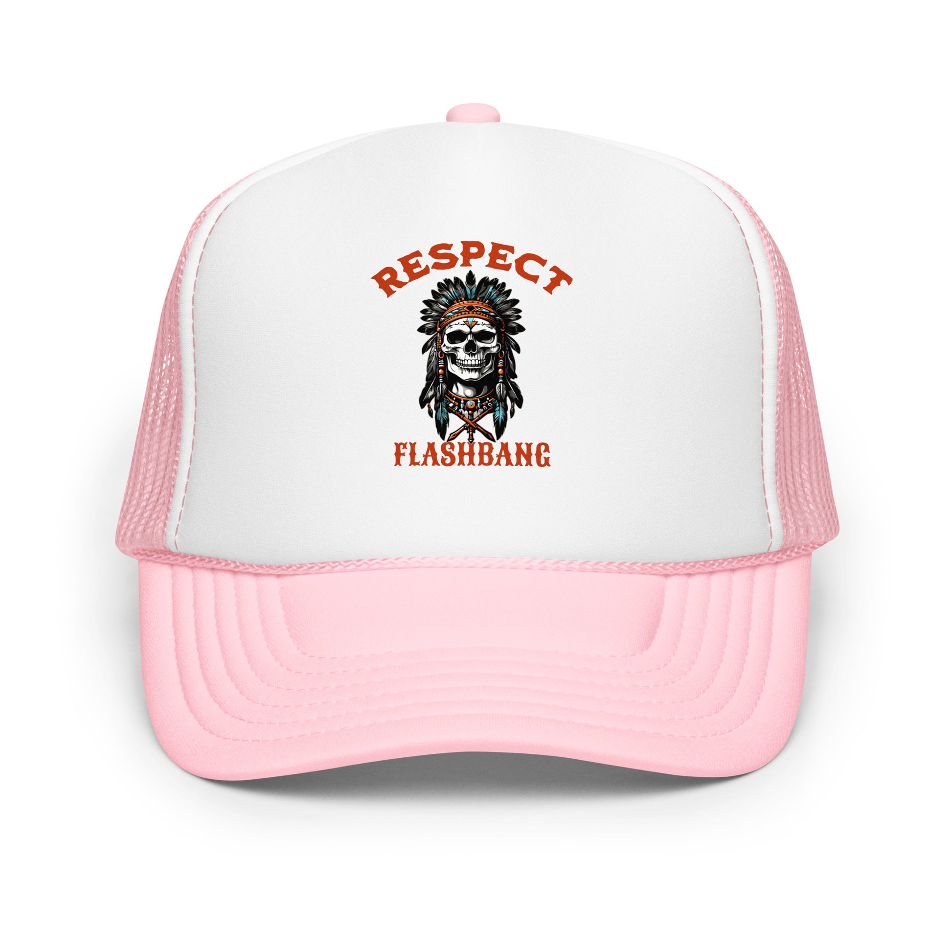 Pink and white cap with 'Respect Flashbang' design on a white background