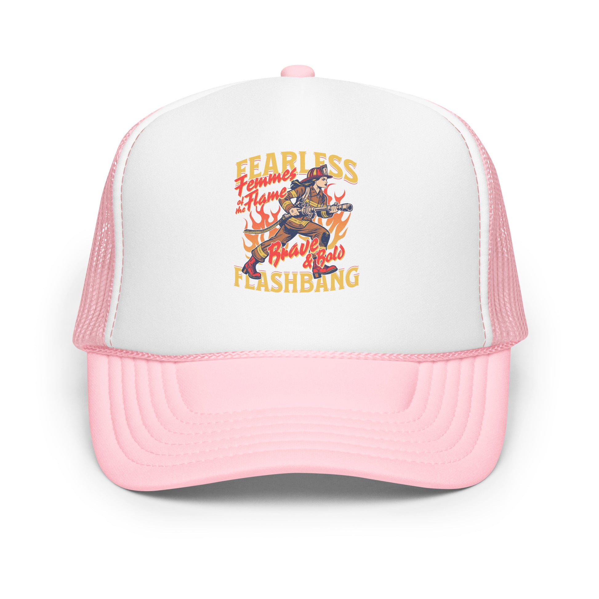 Pink and white cap with graphic design and text on a white background