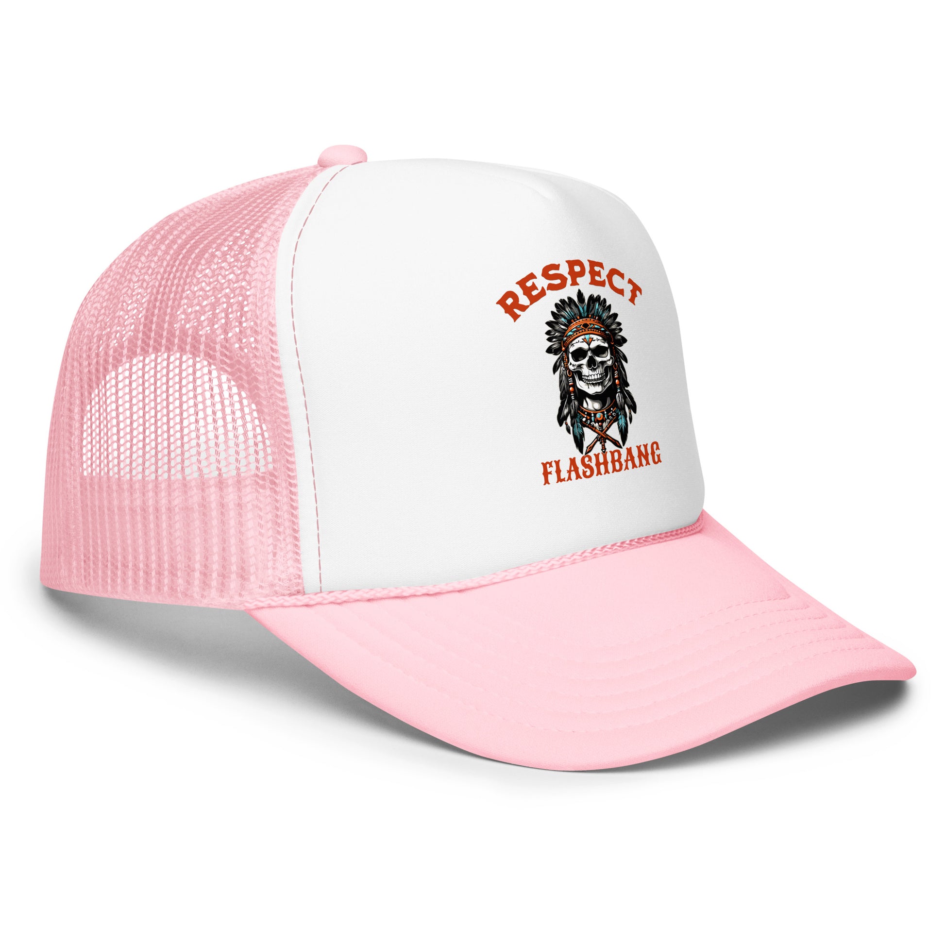 Pink and white trucker hat with 'Respect Flashbang' design on a white background