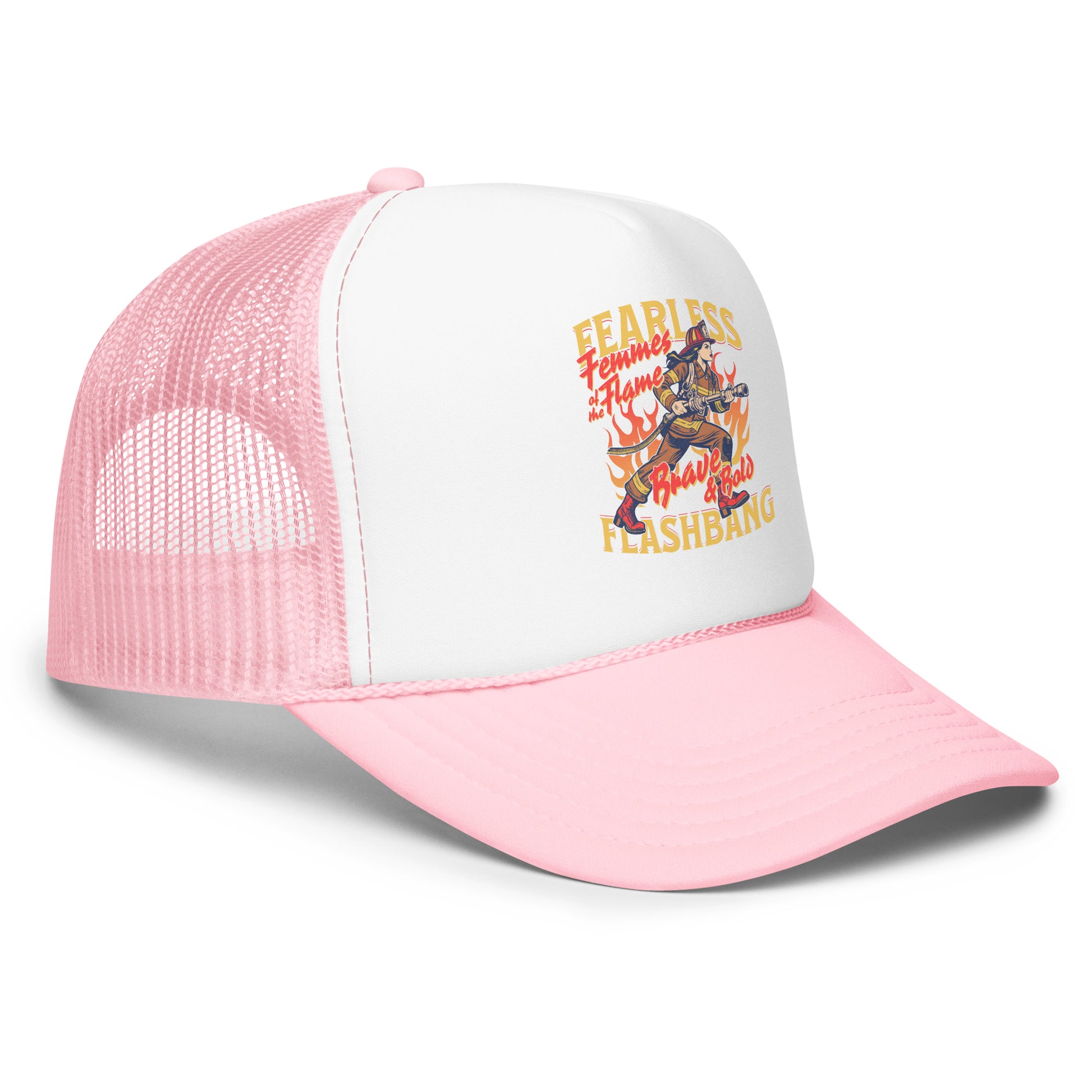 Pink and white cap with graphic design and text on a white background