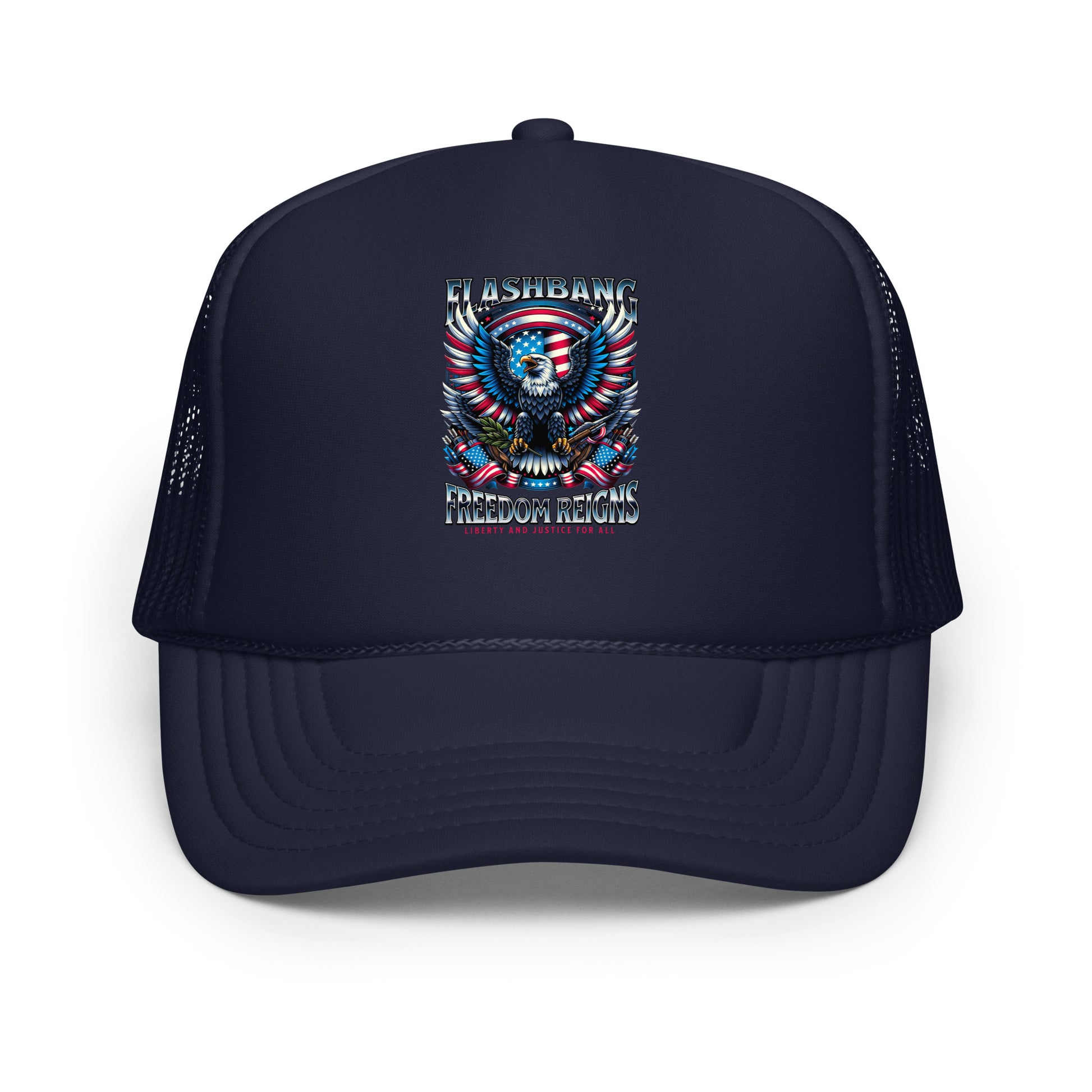 Navy blue trucker hat with a graphic design on a white background