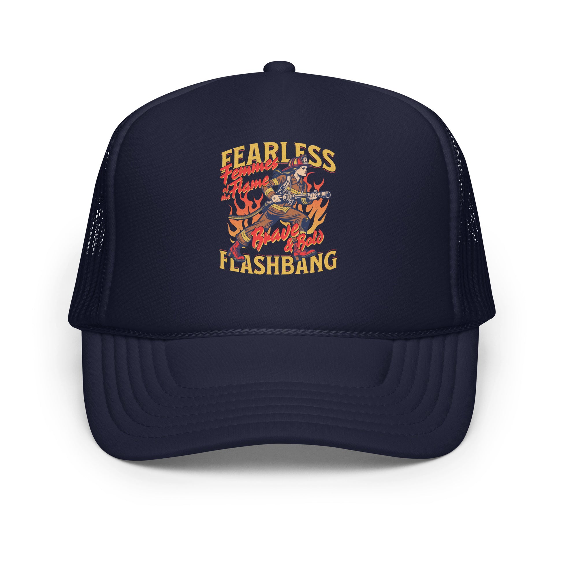 Navy blue trucker hat with colorful graphic and text on a white background