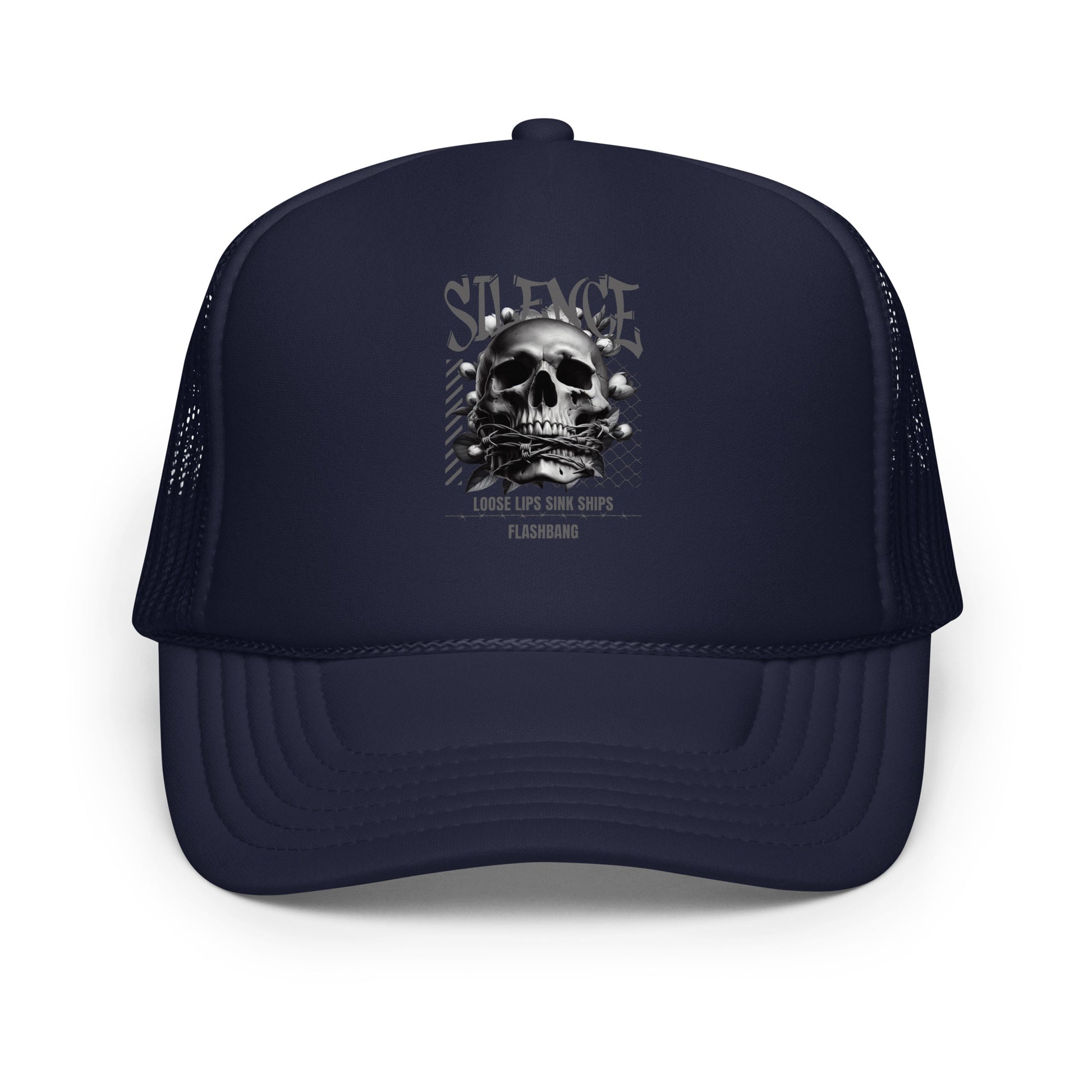 Navy blue trucker cap with skull design and text on a white background