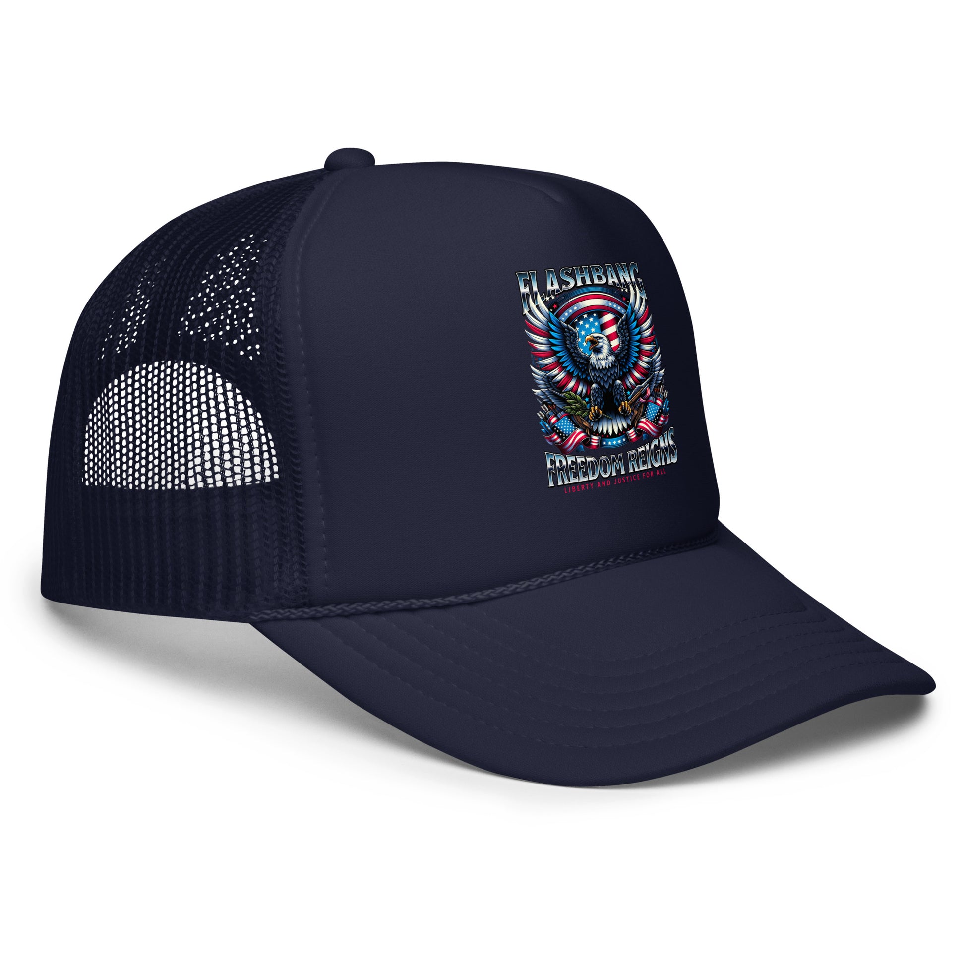 Navy blue trucker cap with a graphic design on a white background