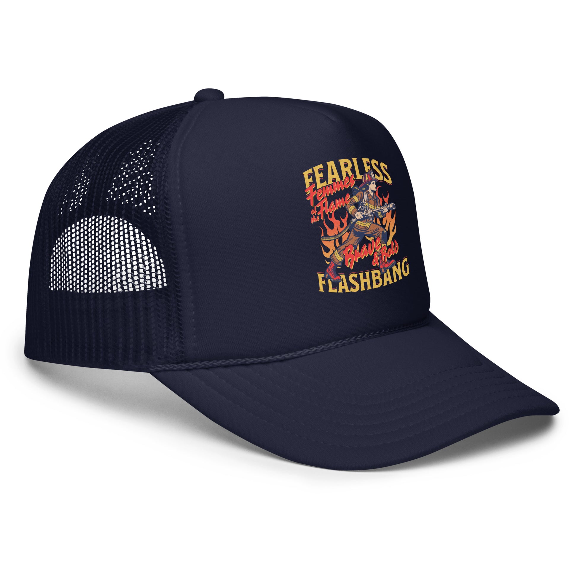 Navy blue trucker cap with colorful graphic and text on a white background