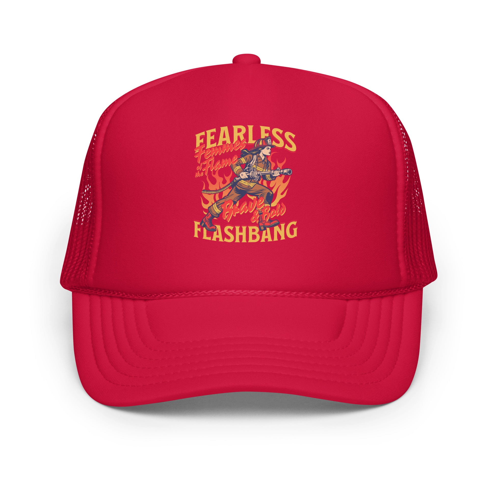 Red trucker hat with 'Fearless Gold Rush Flashbang' graphic on a white background