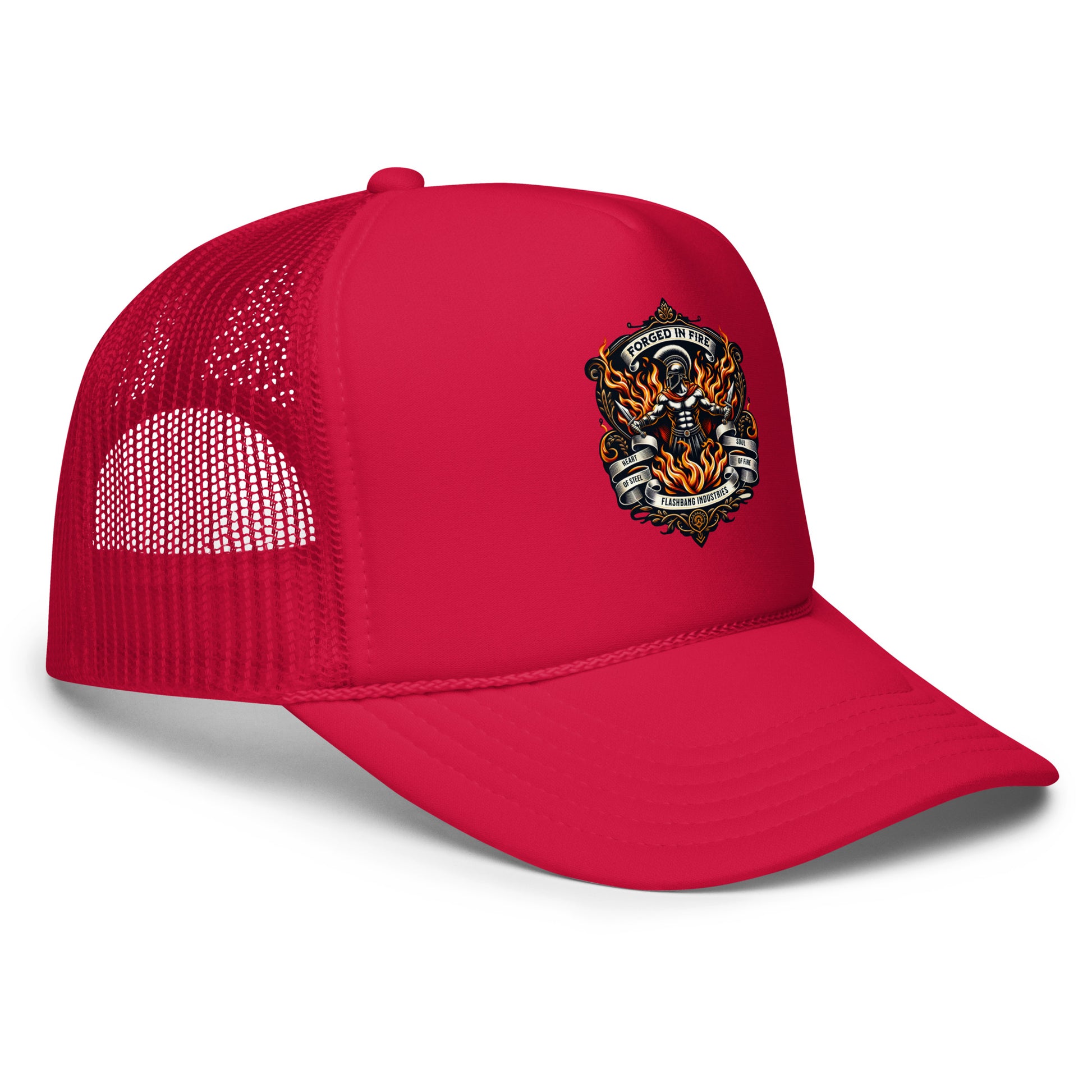 Red trucker cap with a skull and crossbones design on a white background