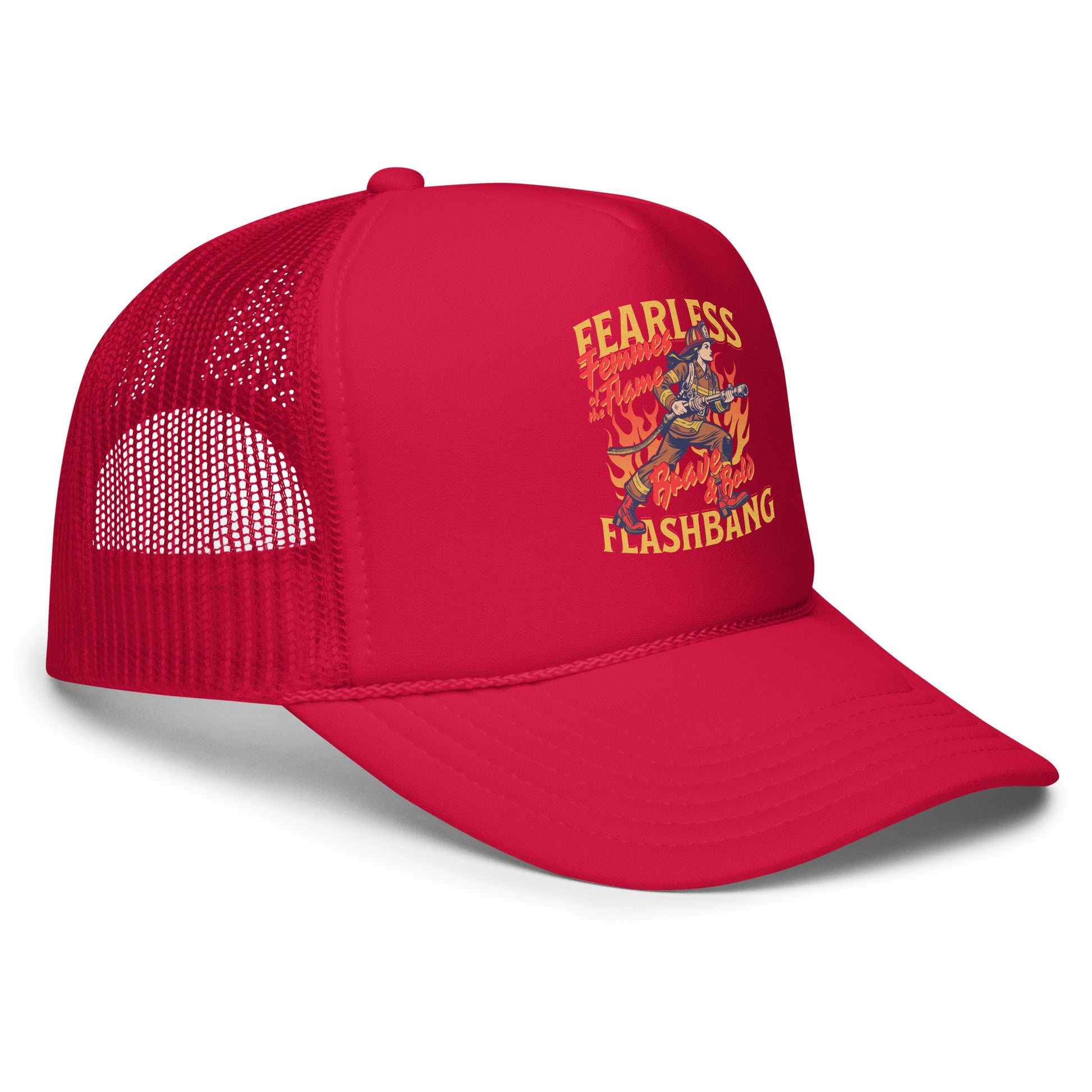 Red mesh cap with colorful graphic and text on a white background