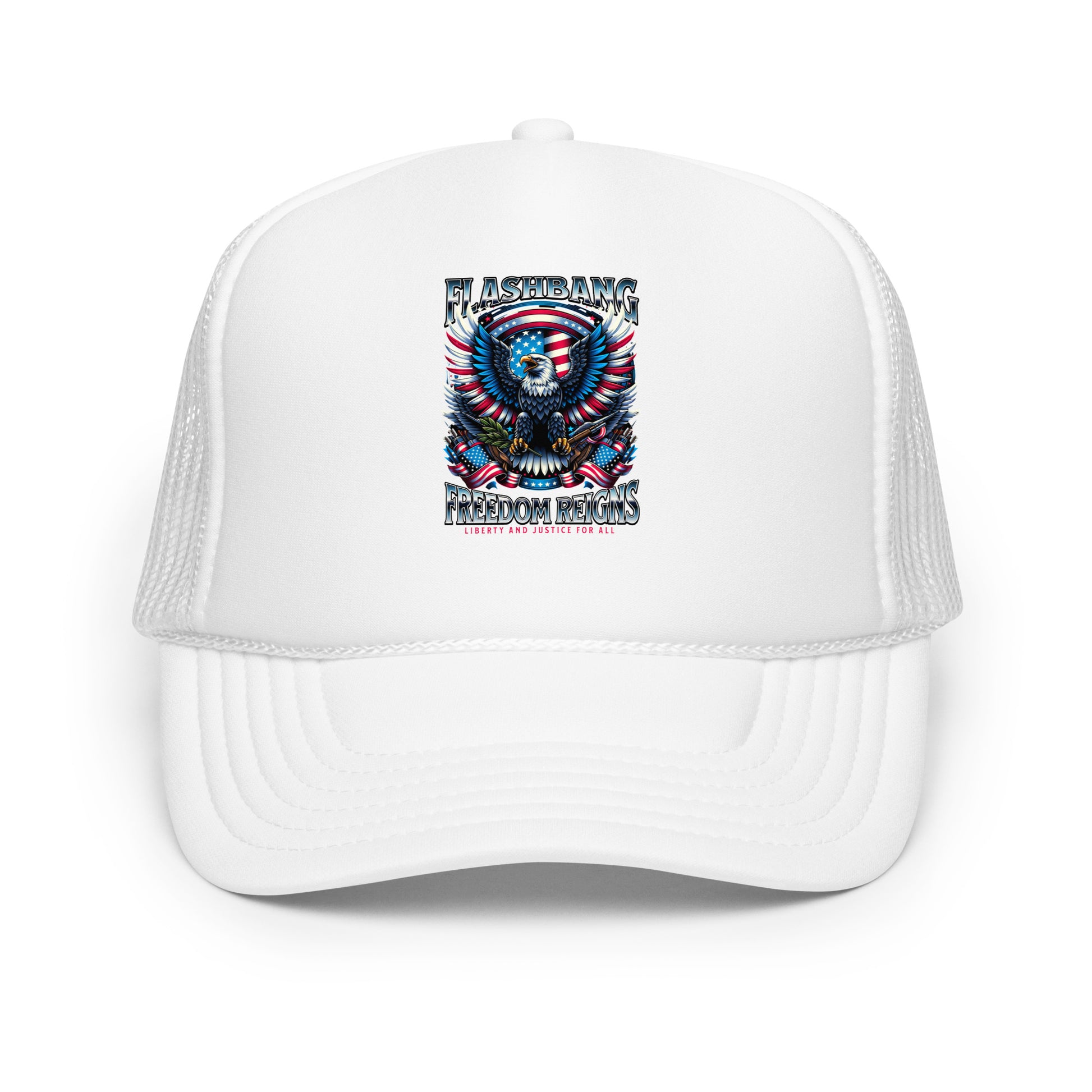 White trucker cap with a graphic design on a white background