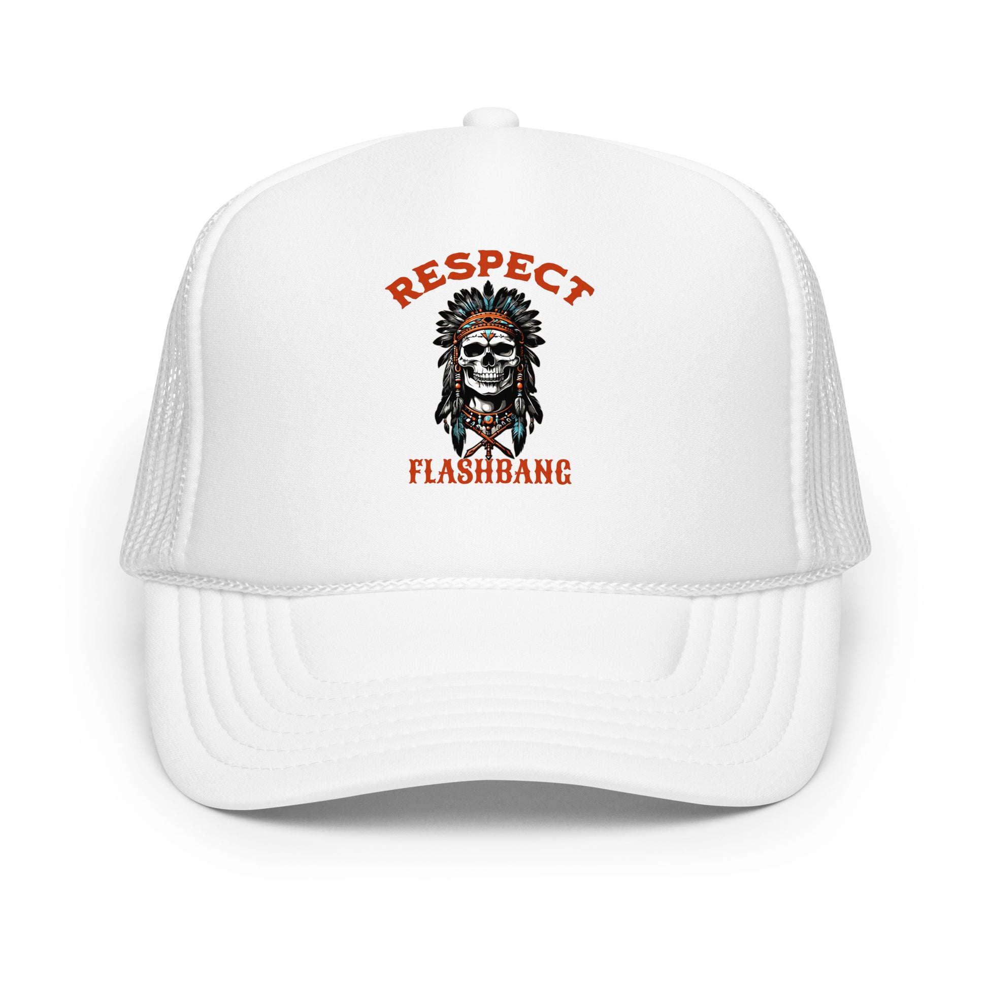 White cap with 'Respect Flashbang' design featuring a skull and feathers on a white background