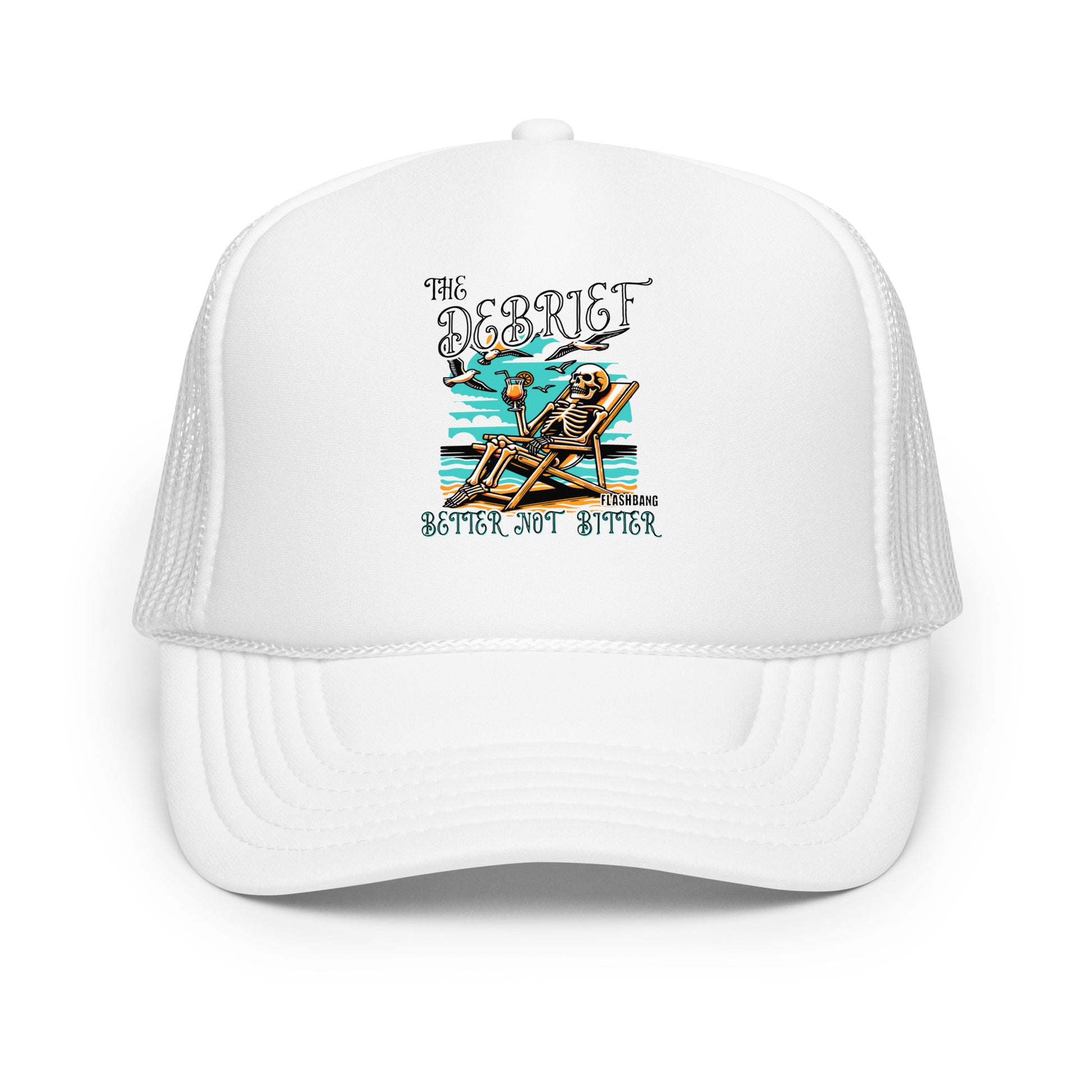 White trucker cap with a skeleton design and text on a white background