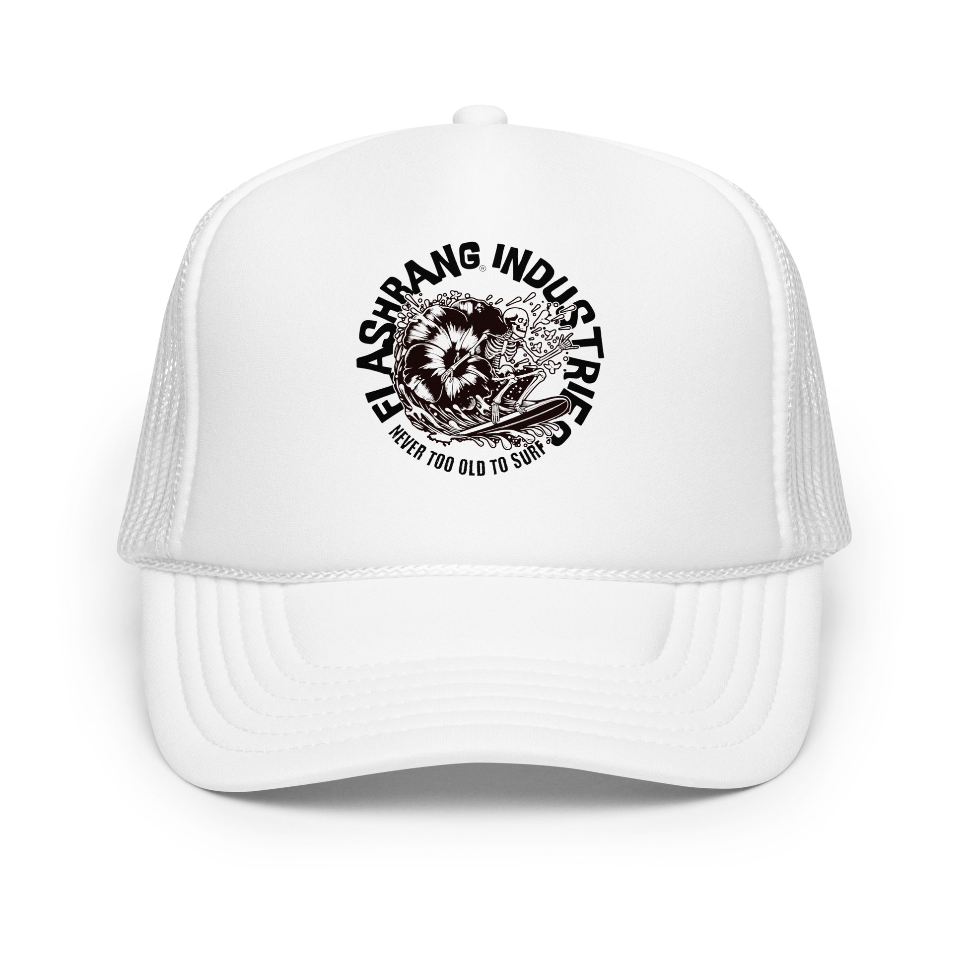 White trucker cap with black logo and text on a white background